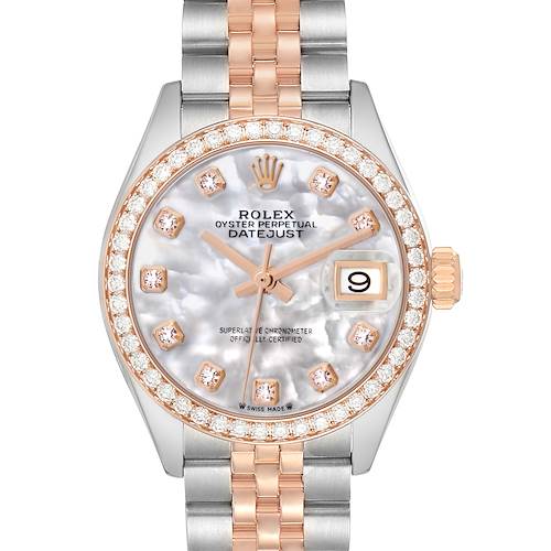 The Rolex Datejust 279381 Women's Steel and Gold (two tone) Mother of Pearl Dial watch is shown from the front, highlighting its dial, diamond-set bezel, and two-tone bracelet.