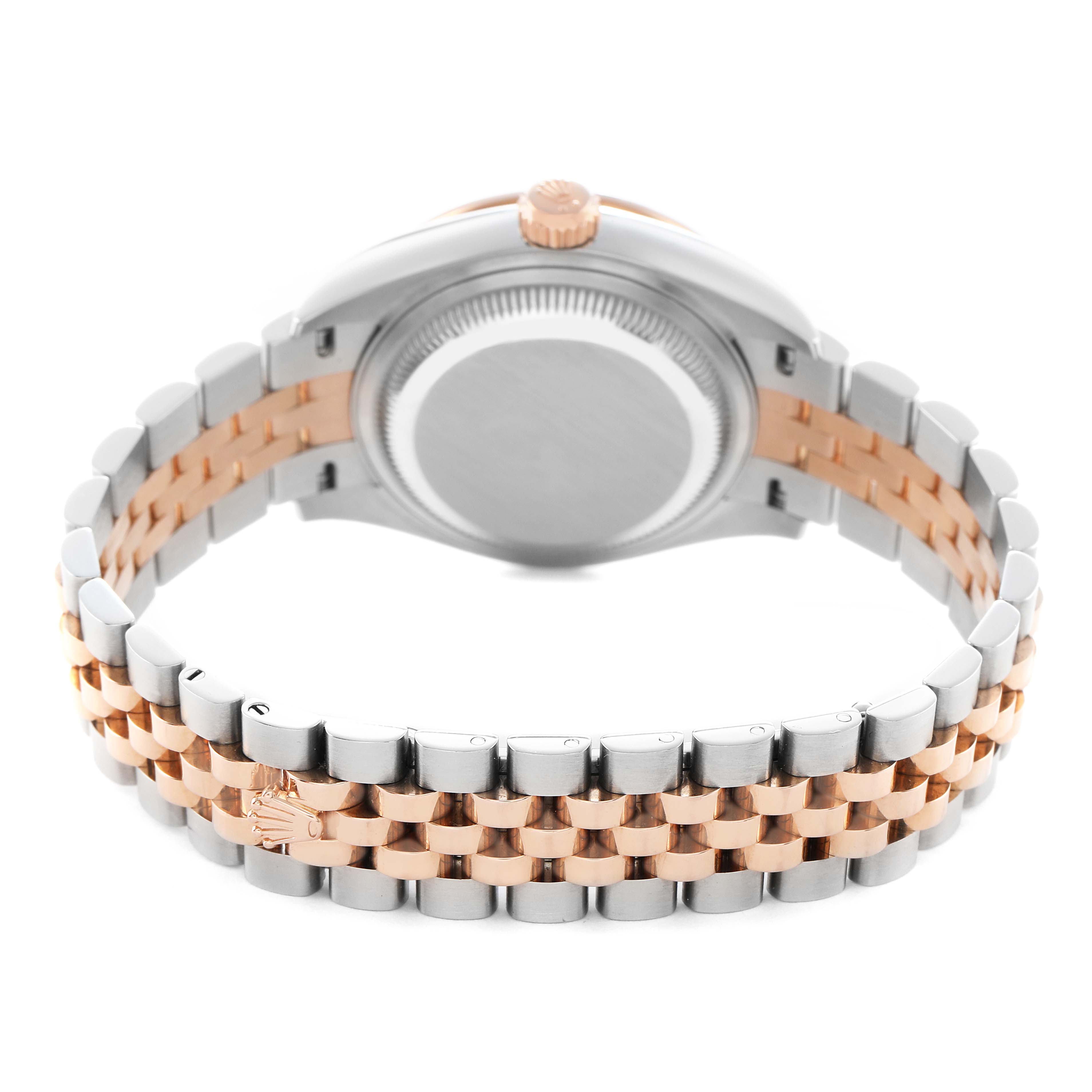 This image shows the back view of a Rolex Datejust 279381 Women's Steel and Gold (two tone) Mother of Pearl Dial, highlighting the case back and two-tone bracelet.