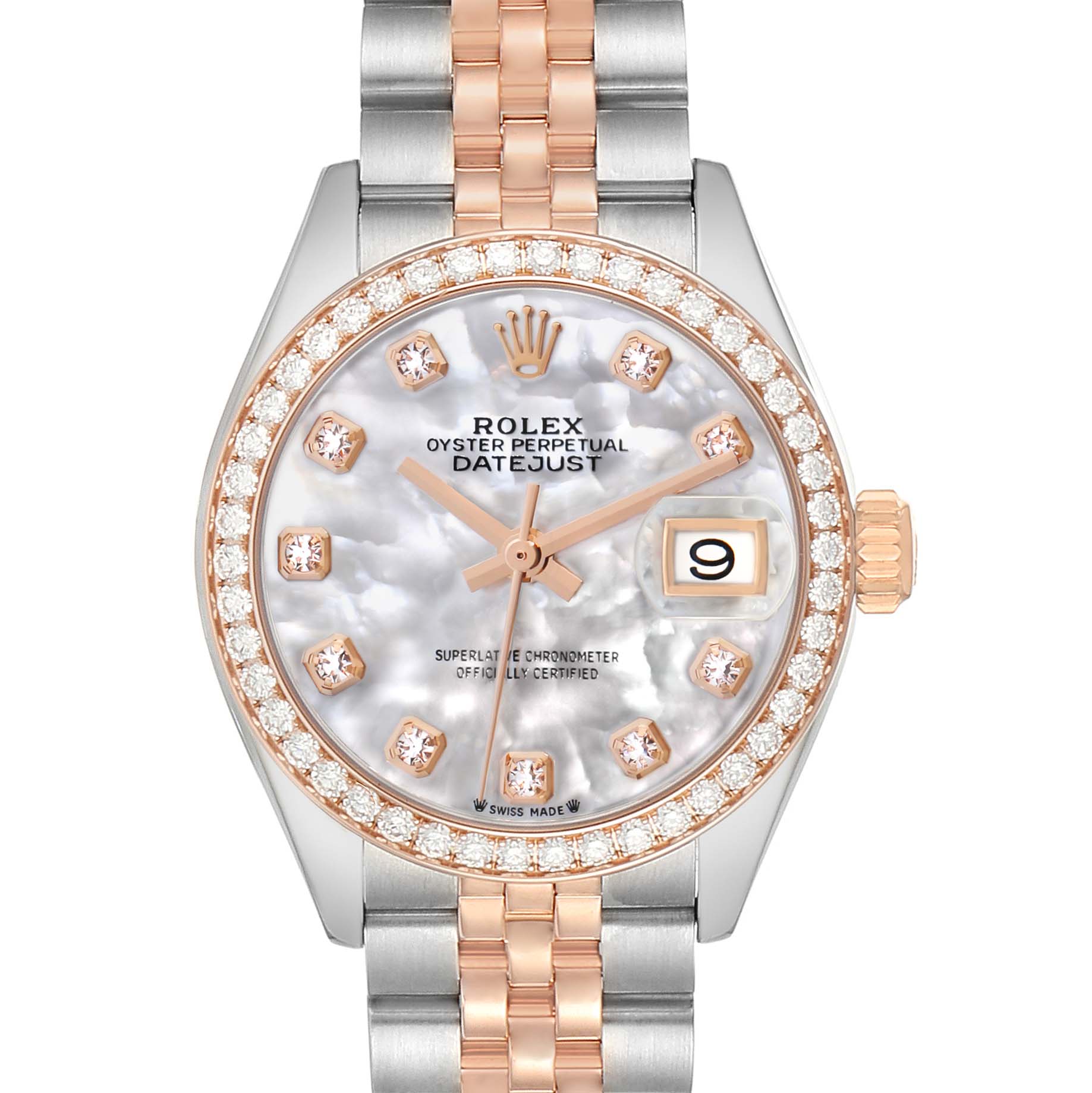 The Rolex Datejust 279381 Women's Steel and Gold (two tone) Mother of Pearl Dial watch is shown from a front angle, displaying the face, dial, bezel, and part of the bracelet.