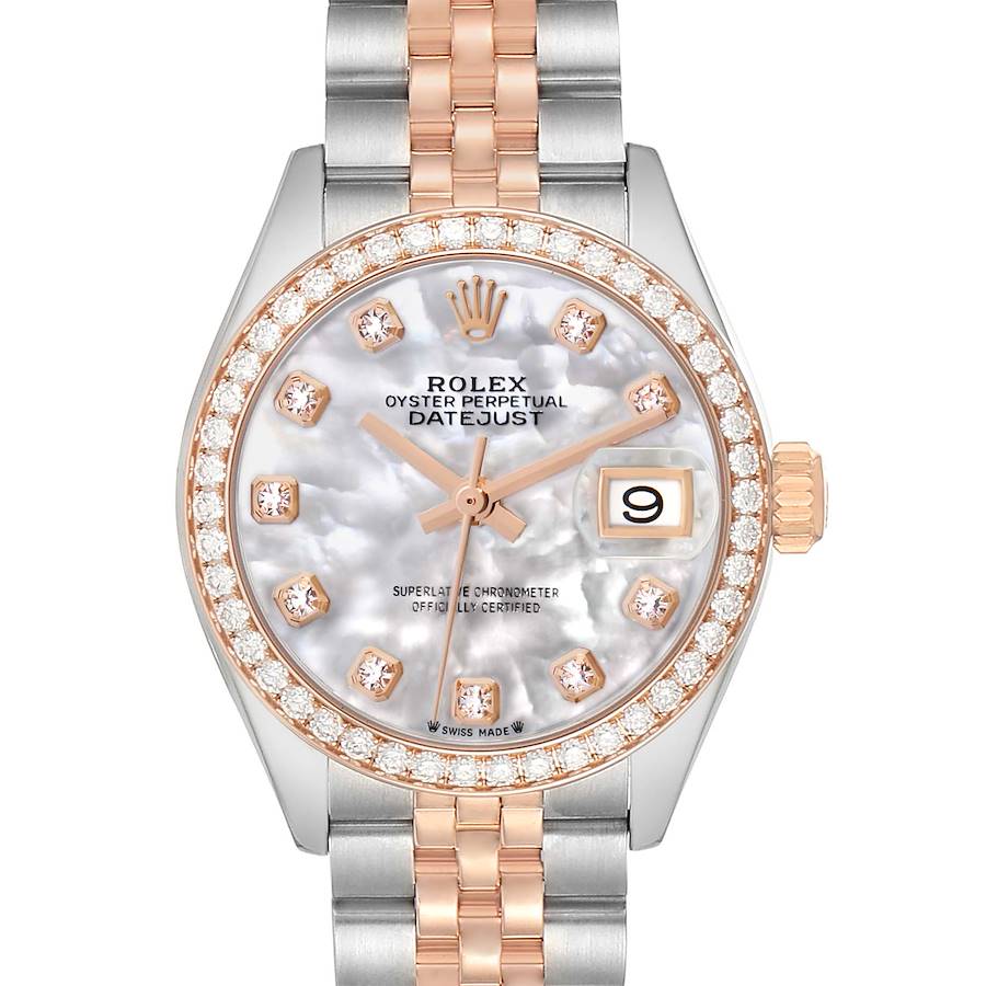 The Rolex Datejust 279381 Women's Steel and Gold (two tone) Mother of Pearl Dial watch is shown from a front angle, displaying the face, dial, bezel, and part of the bracelet.