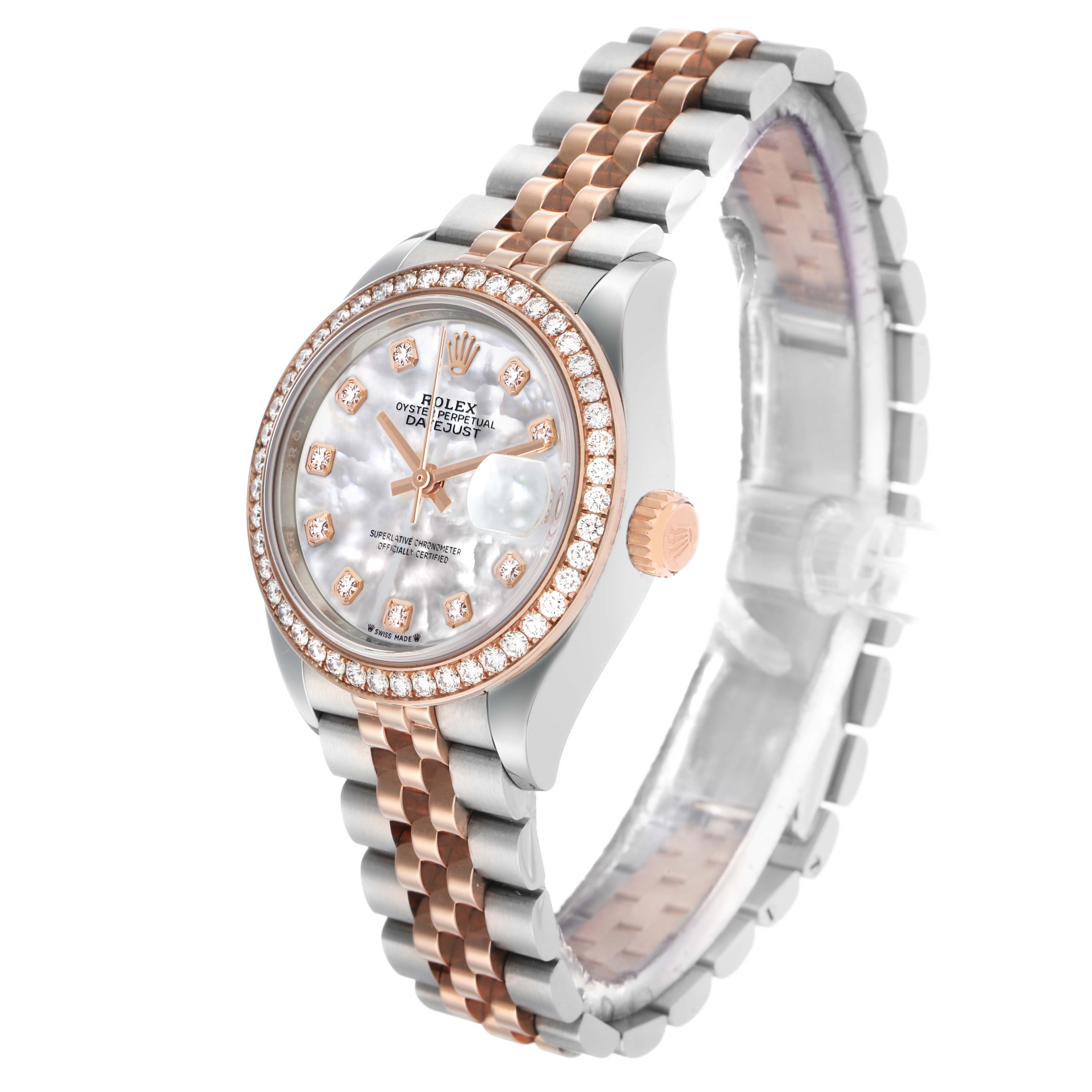 The Rolex Datejust 279381 Women's Steel and Gold (two tone) Mother of Pearl Dial watch is shown at a three-quarter angle, highlighting the bezel, dial, and Jubilee bracelet.