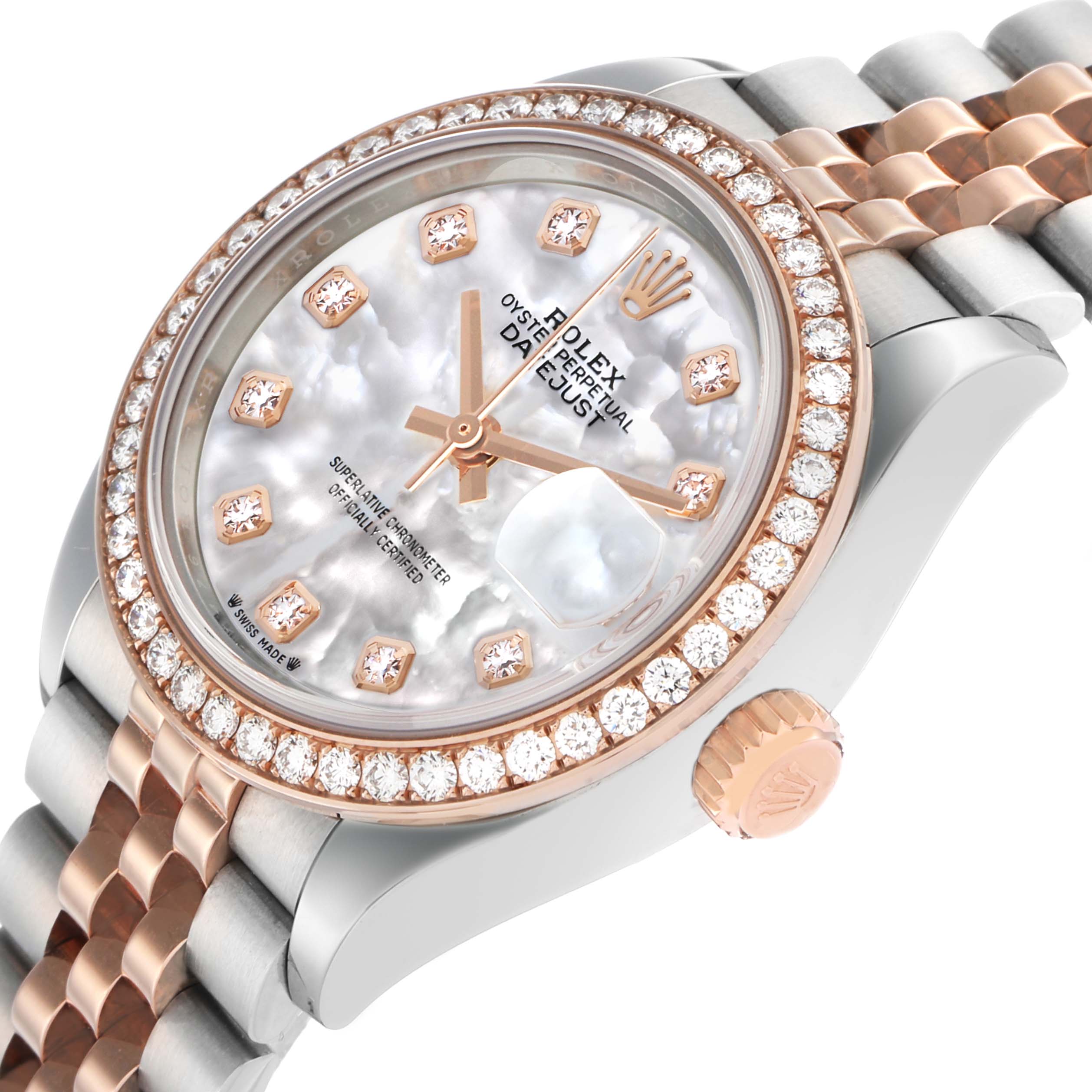 The Rolex Datejust 279381 Women's Steel and Gold (two tone) Mother of Pearl Dial watch is shown from an angled top view, highlighting the dial, bezel, and partial bracelet.