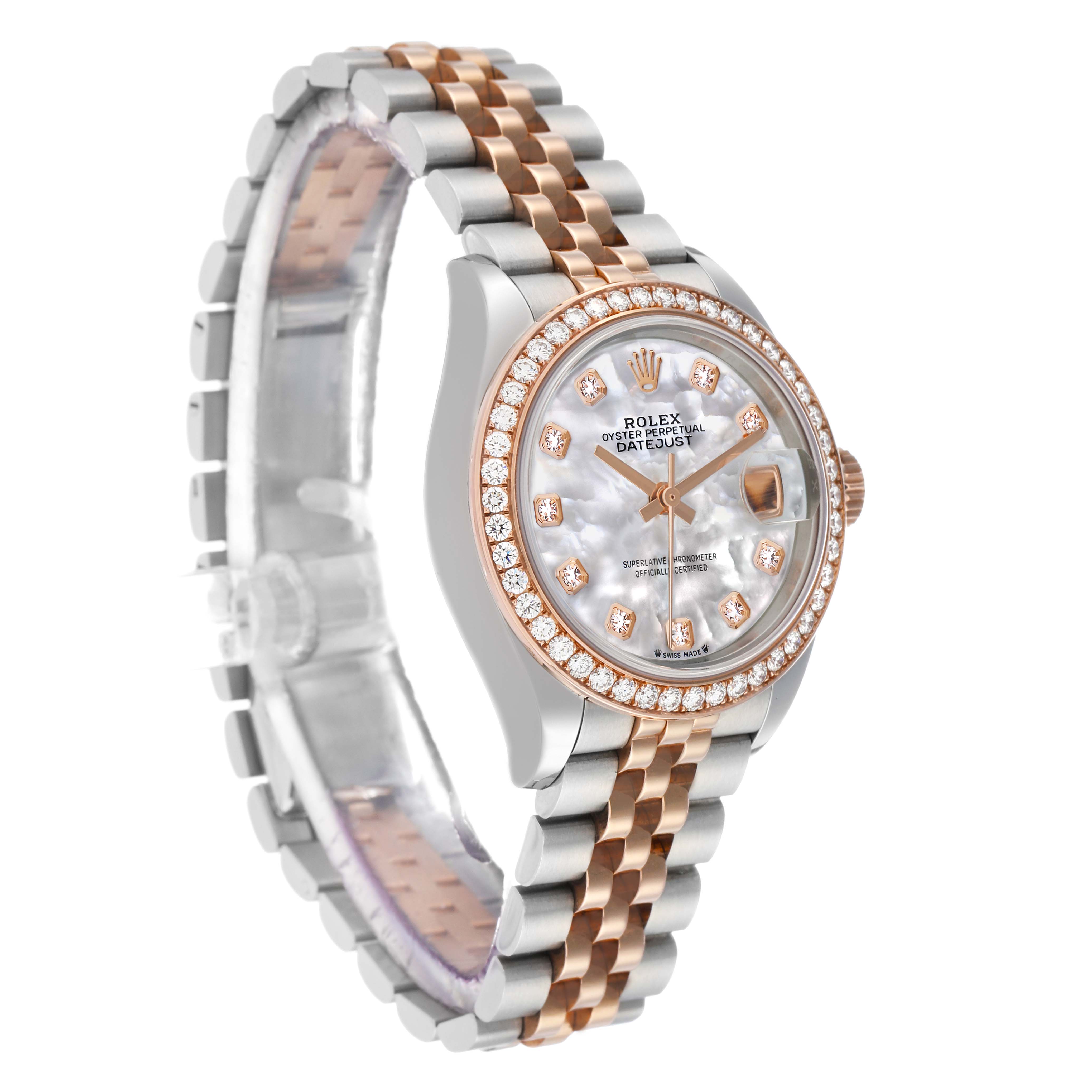 The Rolex Datejust 279381 Women's Steel and Gold (two tone) Mother of Pearl Dial watch is shown at a tilted side angle, highlighting the bezel, dial, bracelet, and crown.