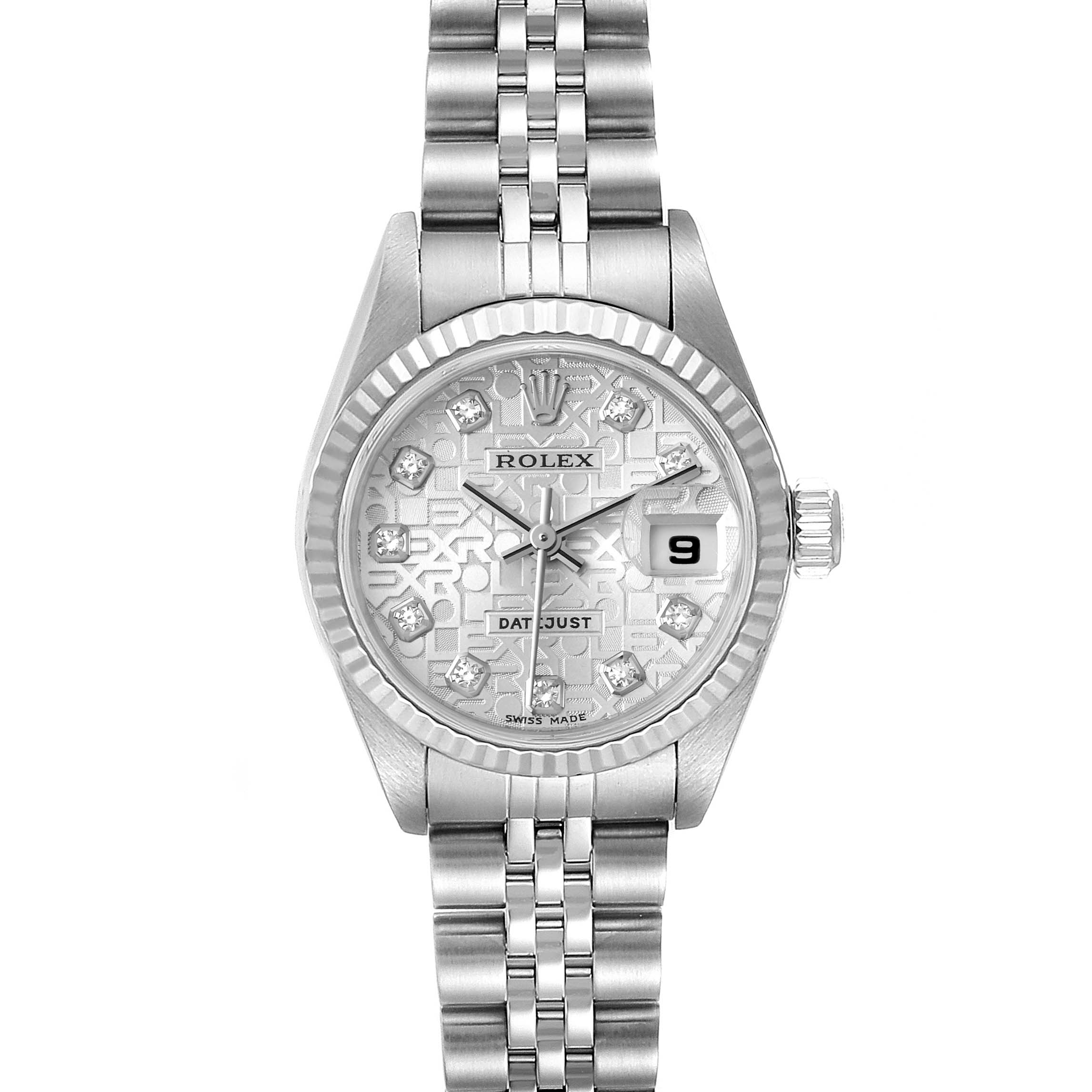 This is a front view of a Rolex Datejust 79174 Women
s Stainless Steel Silver Dial 79174 Women
s Stainless Steel Silver Dial watch, featuring the face, bezel, crown, and part of the bracelet.