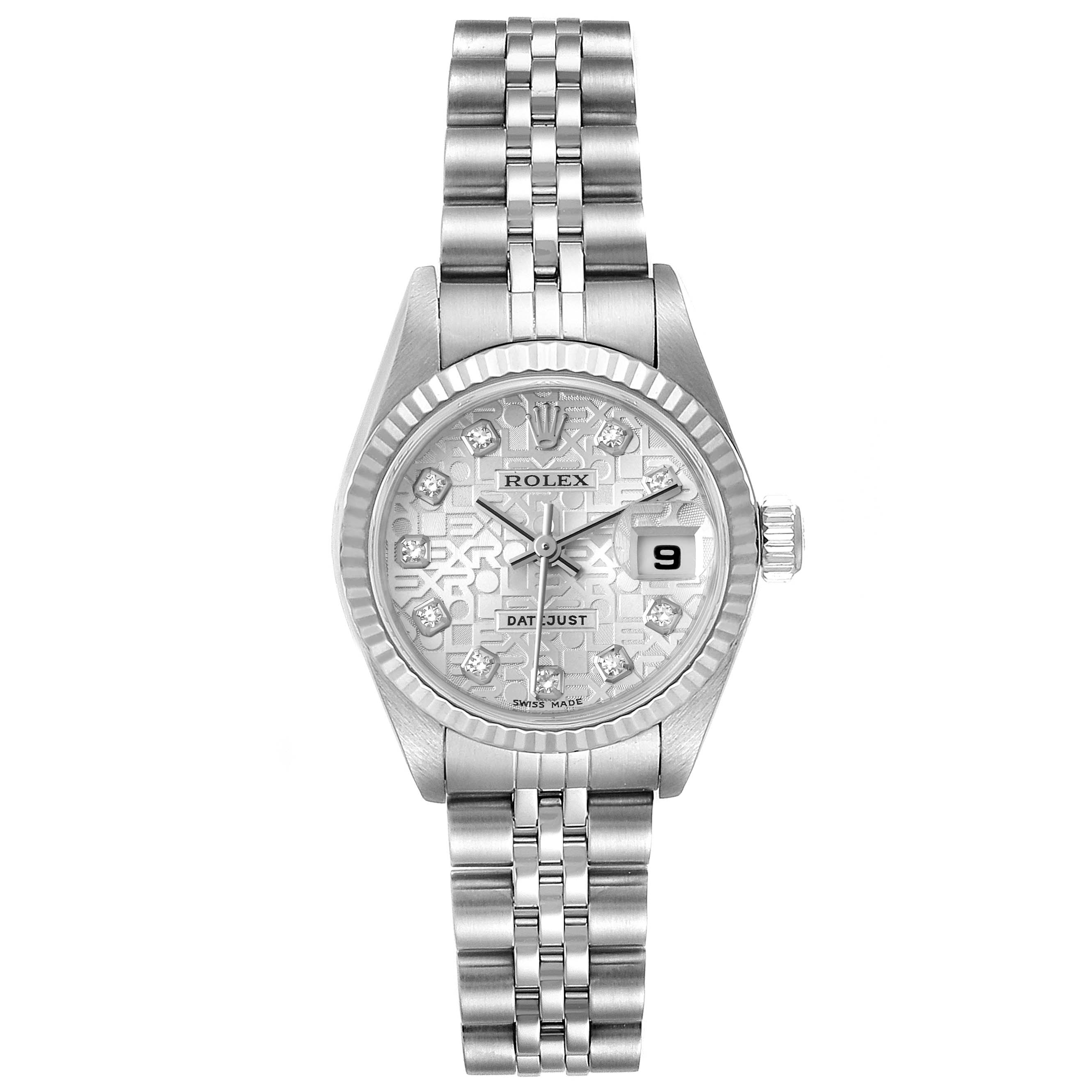 This image shows a full frontal view of the Rolex Datejust 79174 Women
s Stainless Steel Silver Dial 79174 Women
s Stainless Steel Silver Dial watch, highlighting the dial, bezel, and bracelet.