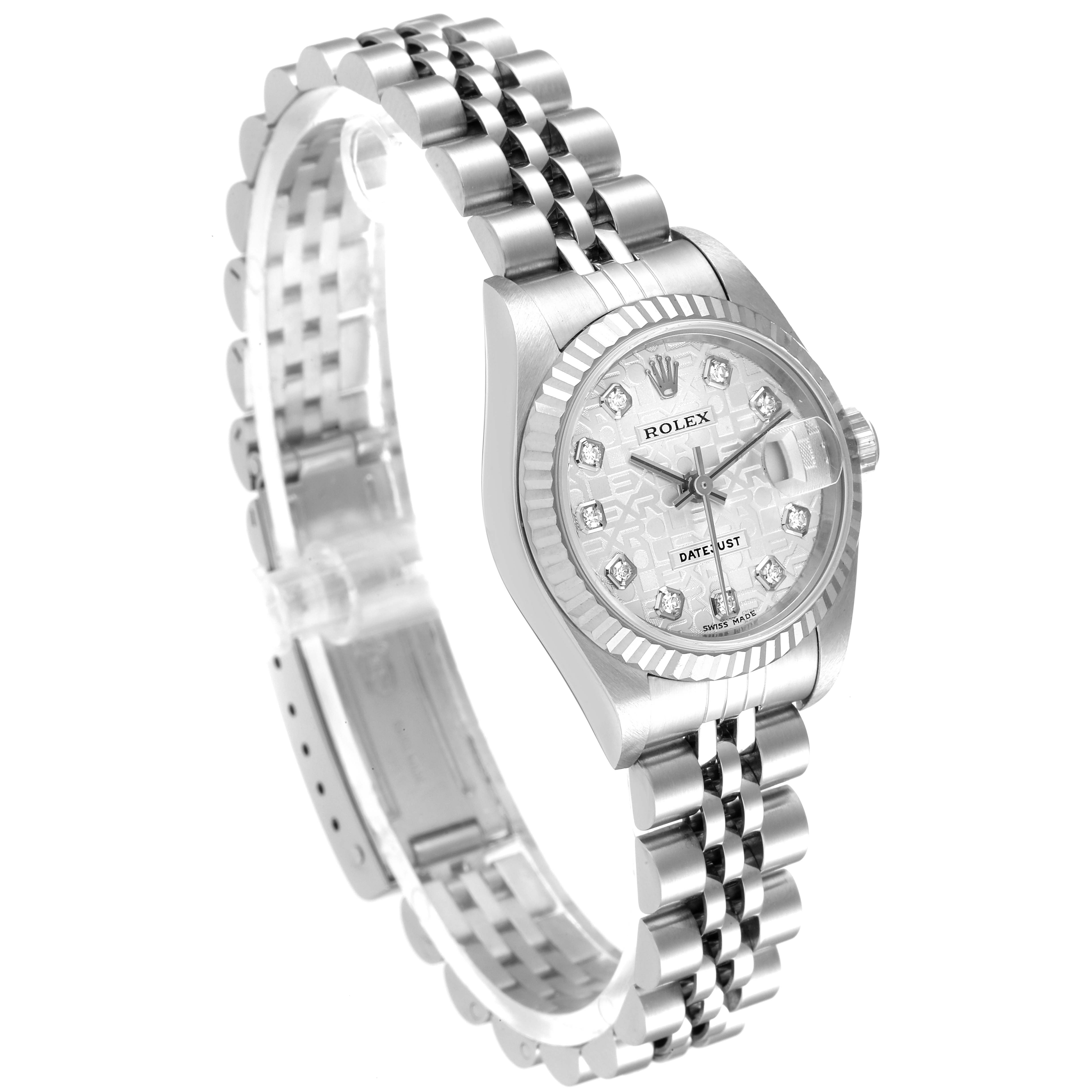 The image shows a Rolex Datejust 79174 Women
s Stainless Steel Silver Dial 79174 Women
s Stainless Steel Silver Dial watch angled to display the face, case, bezel, bracelet, and crown.