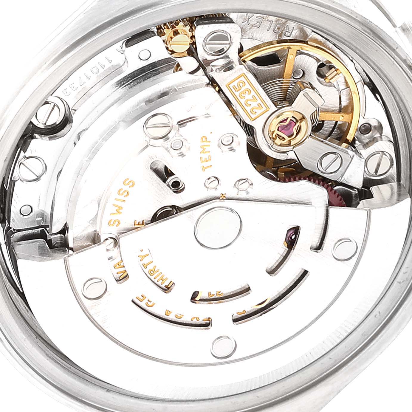 The image displays the inner mechanical movement from the back of a Rolex Datejust 79174 Women
s Stainless Steel Silver Dial 79174 Women
s Stainless Steel Silver Dial watch.