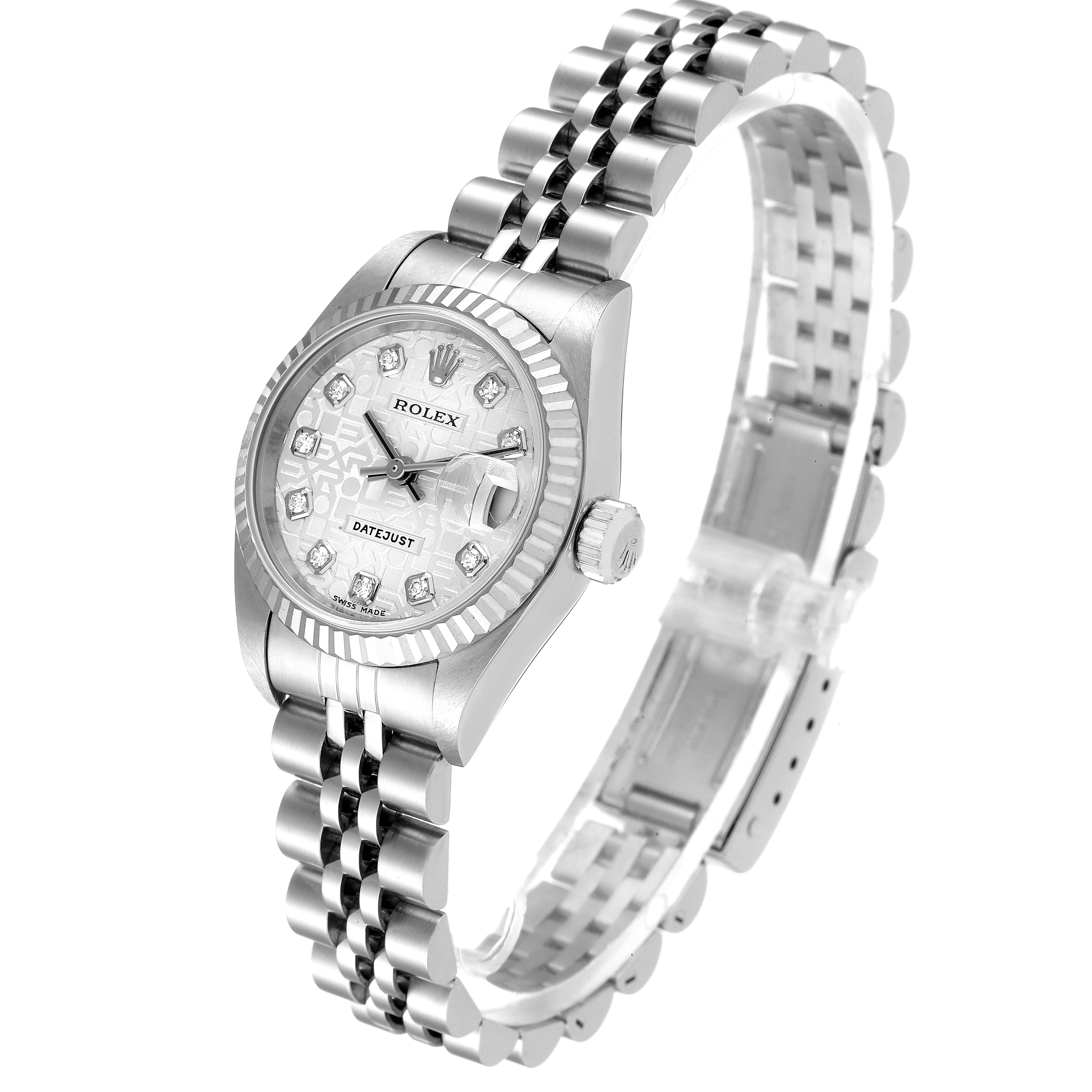 The image shows a Rolex Datejust 79174 Women
s Stainless Steel Silver Dial 79174 Women
s Stainless Steel Silver Dial watch from an angled view, highlighting the face, bezel, and bracelet.