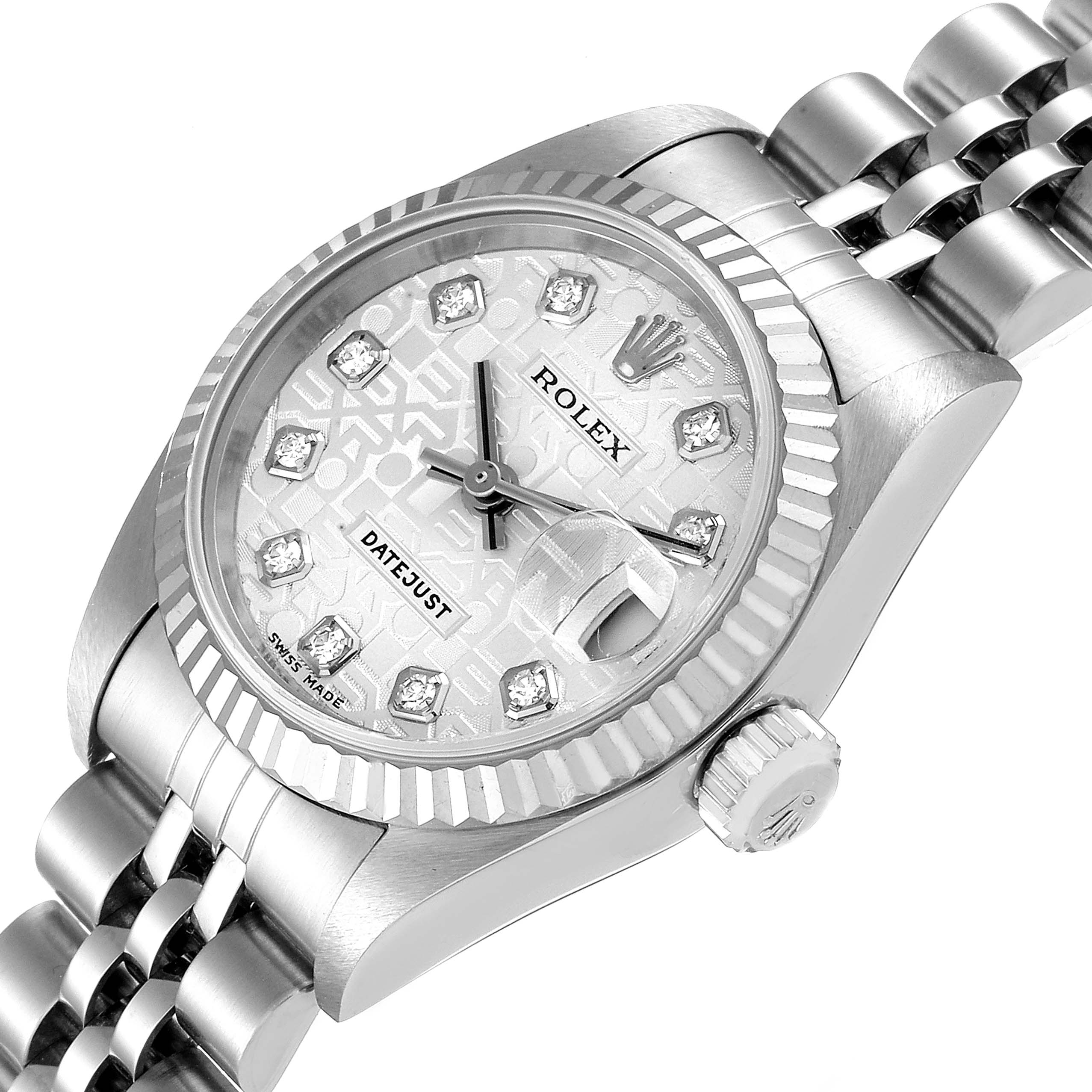This image shows a close-up, angled view of the face, bezel, and part of the strap of a Rolex Datejust 79174 Women
s Stainless Steel Silver Dial 79174 Women
s Stainless Steel Silver Dial watch.