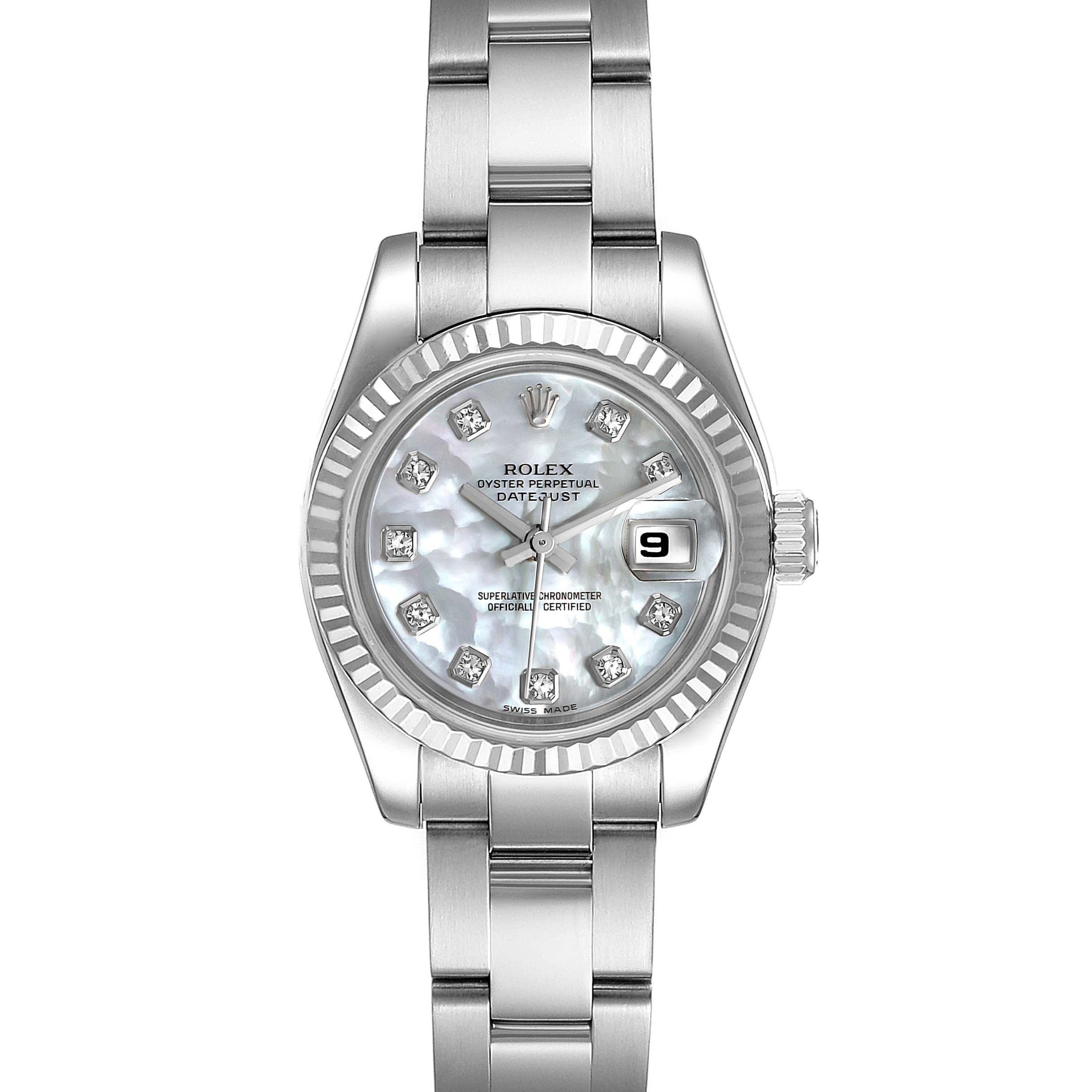 This image shows the front view of a Rolex Datejust 179174 Women
s Stainless Steel Mother of Pearl Dial 179174 Women
s Stainless Steel Mother of Pearl Dial model, highlighting the dial, bezel, bracelet, and date window.