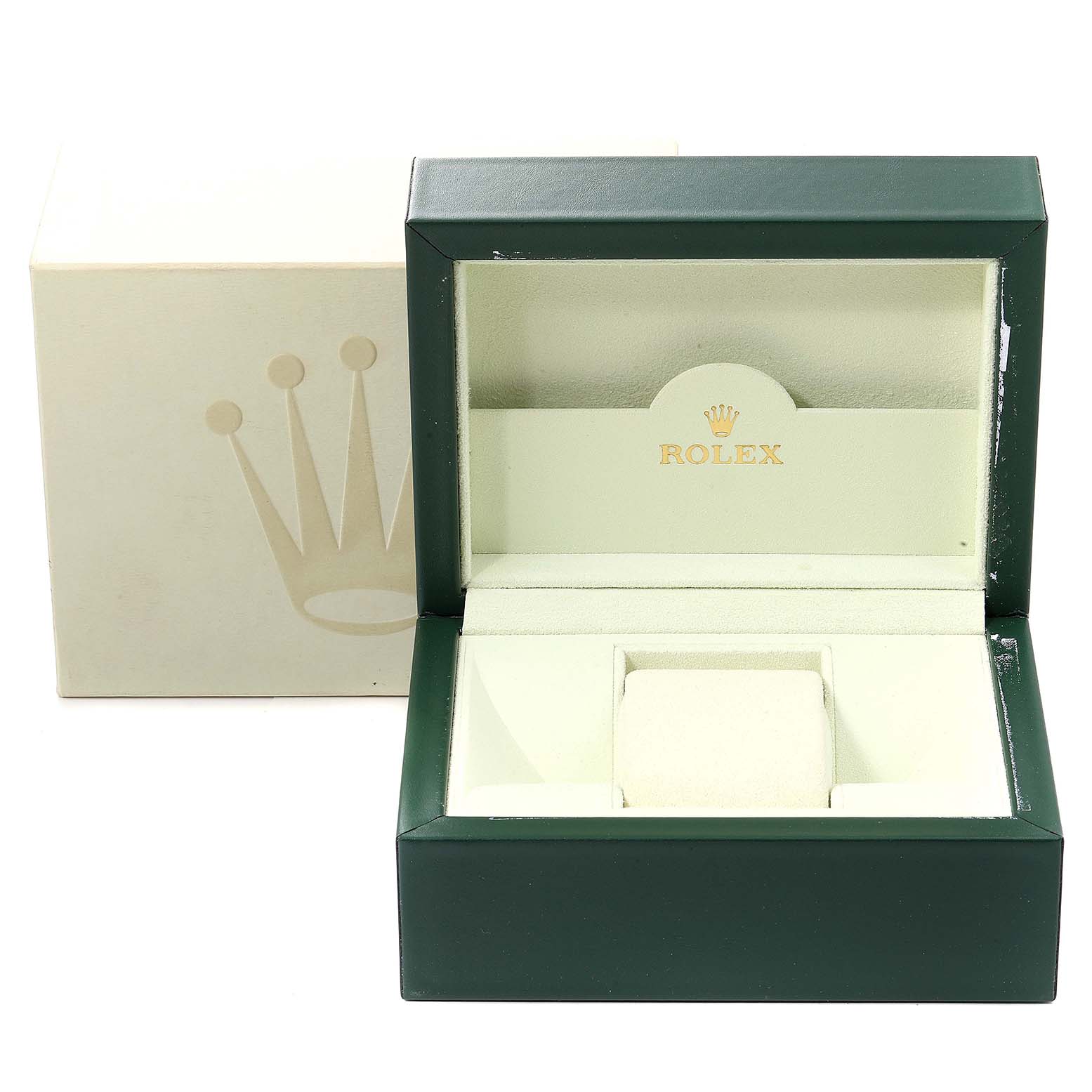 The image shows a Rolex Datejust 179174 Women
s Stainless Steel Mother of Pearl Dial 179174 Women
s Stainless Steel Mother of Pearl Dial watch box with its lid open, revealing the cushions inside for the watch.