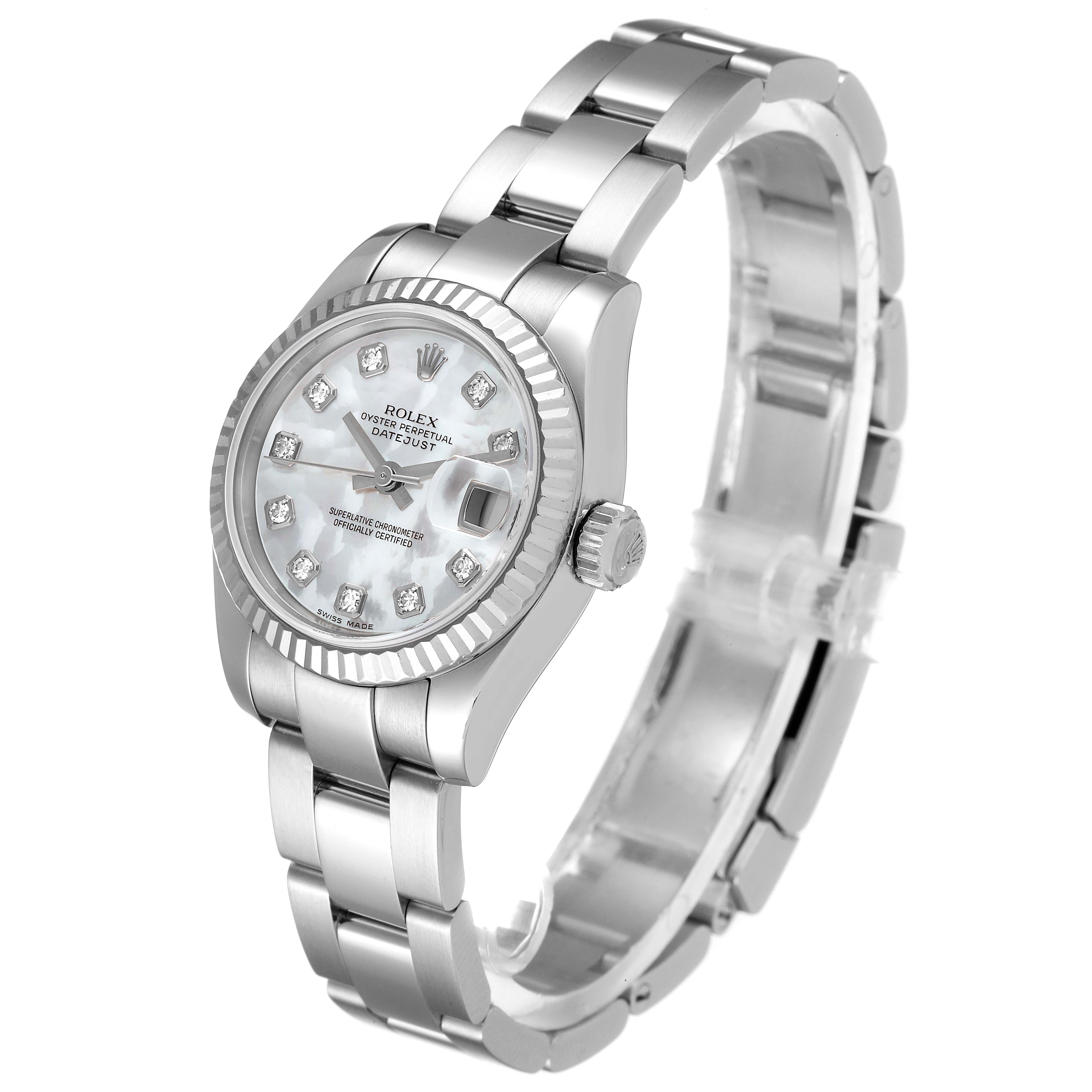 The image shows a side and front angle view of a Rolex Datejust 179174 Women
s Stainless Steel Mother of Pearl Dial 179174 Women
s Stainless Steel Mother of Pearl Dial watch, highlighting its dial, bezel, case, and bracelet.