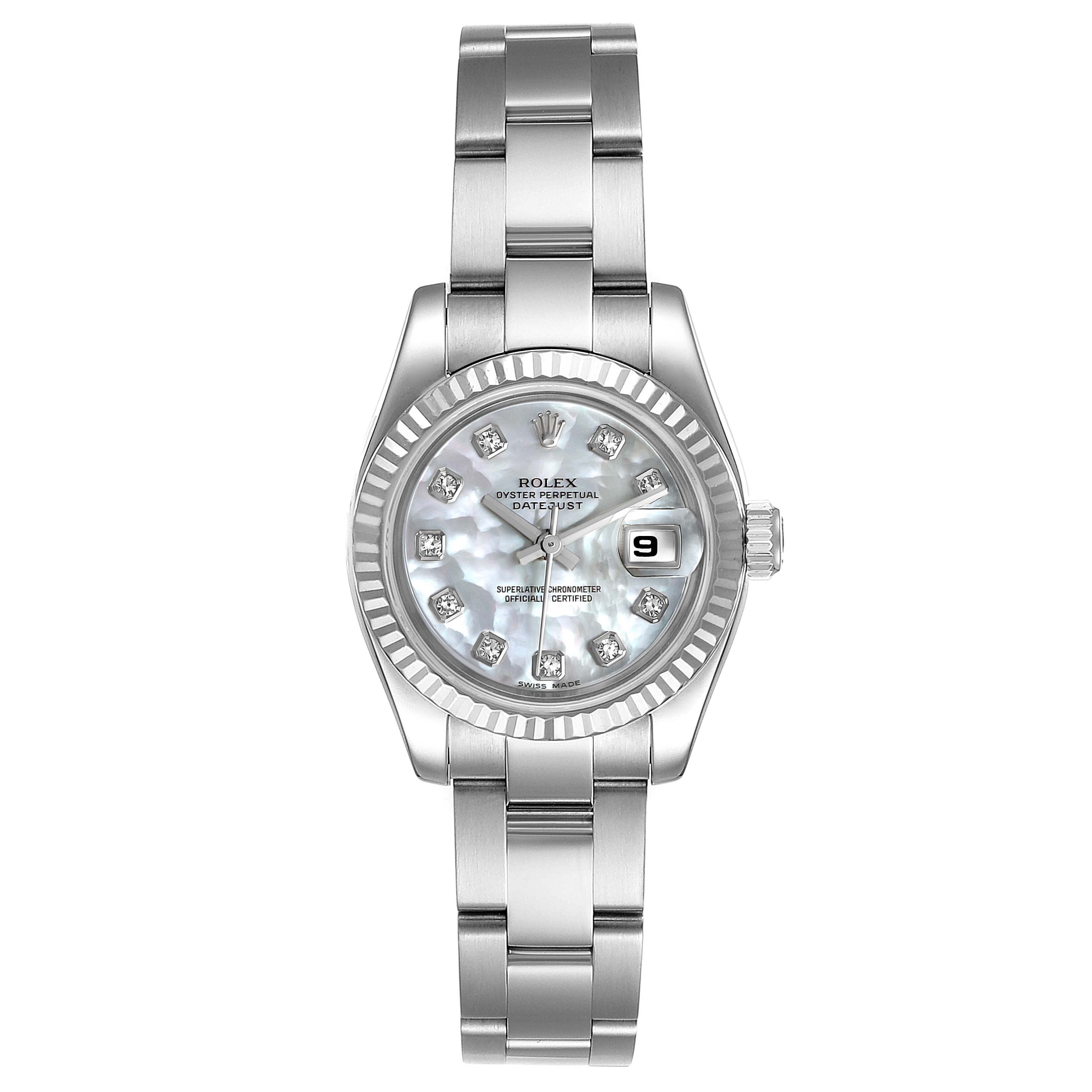 The image shows a front view of the Rolex Datejust 179174 Women
s Stainless Steel Mother of Pearl Dial 179174 Women
s Stainless Steel Mother of Pearl Dial watch, highlighting the dial, bezel, hands, date window, and bracelet.