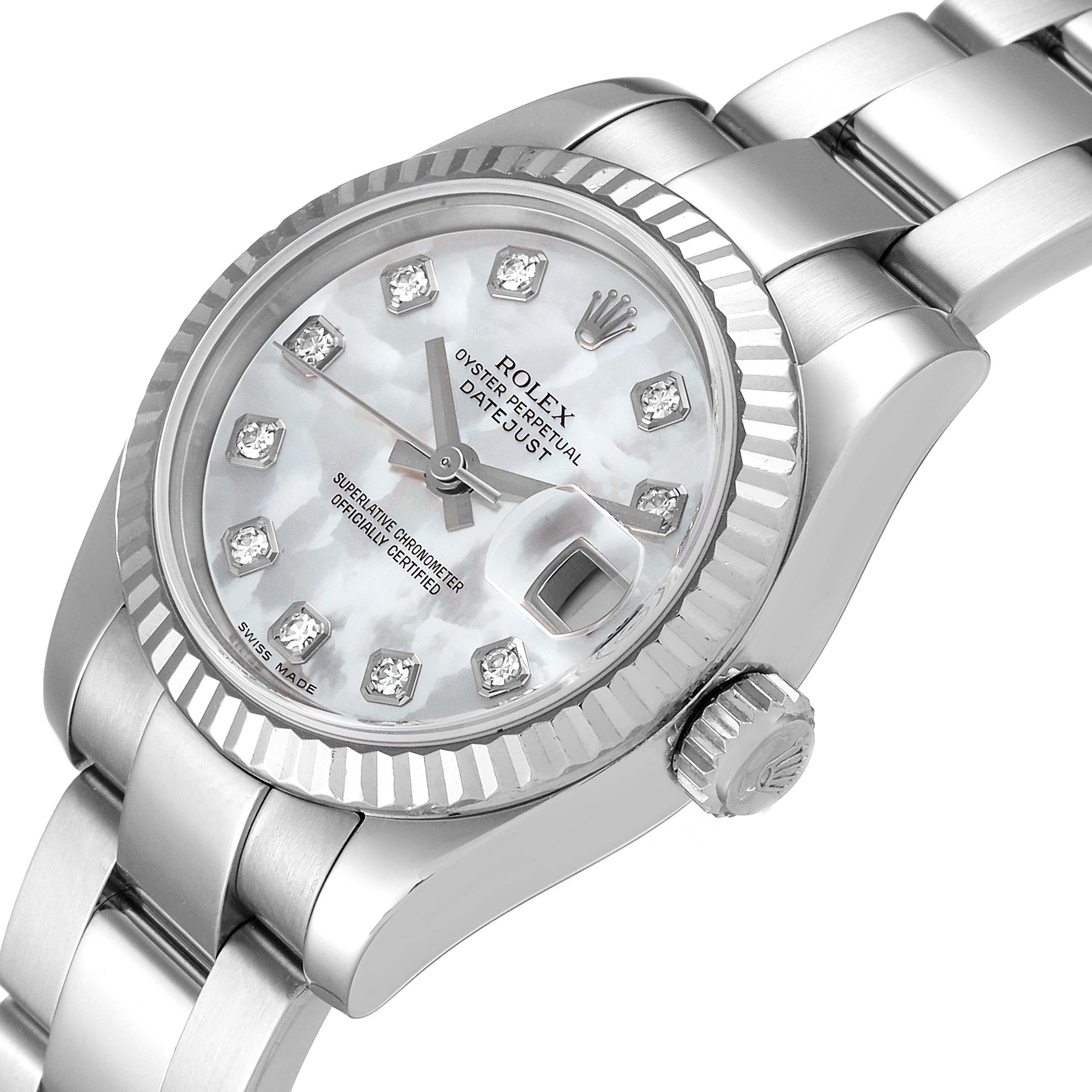 This image shows a Rolex Datejust 179174 Women
s Stainless Steel Mother of Pearl Dial 179174 Women
s Stainless Steel Mother of Pearl Dial watch from a top-down perspective, highlighting the face, bezel, crown, and part of the bracelet.