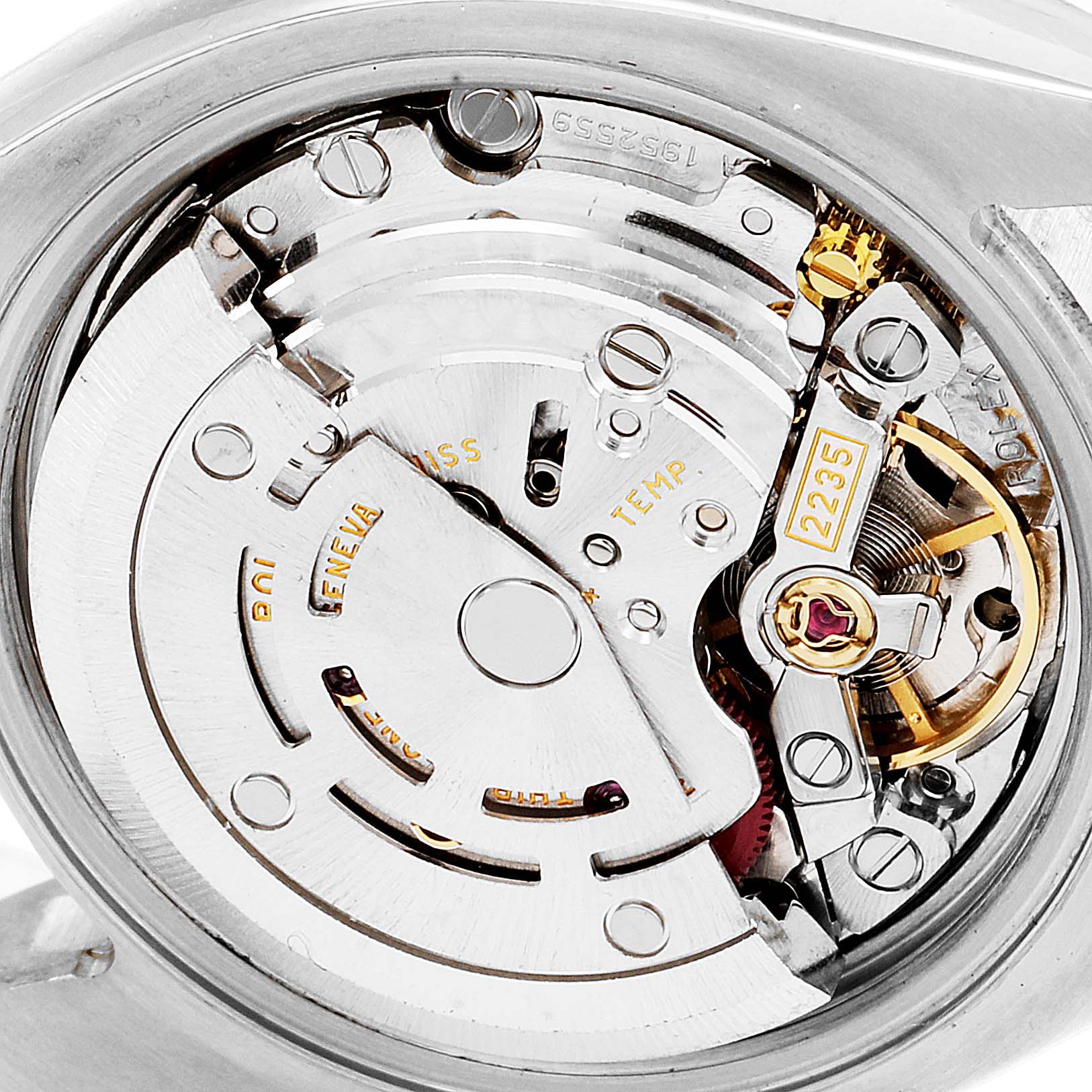 The image shows a close-up of the movement mechanism inside a Rolex Datejust 179174 Women
s Stainless Steel Mother of Pearl Dial 179174 Women
s Stainless Steel Mother of Pearl Dial watch.