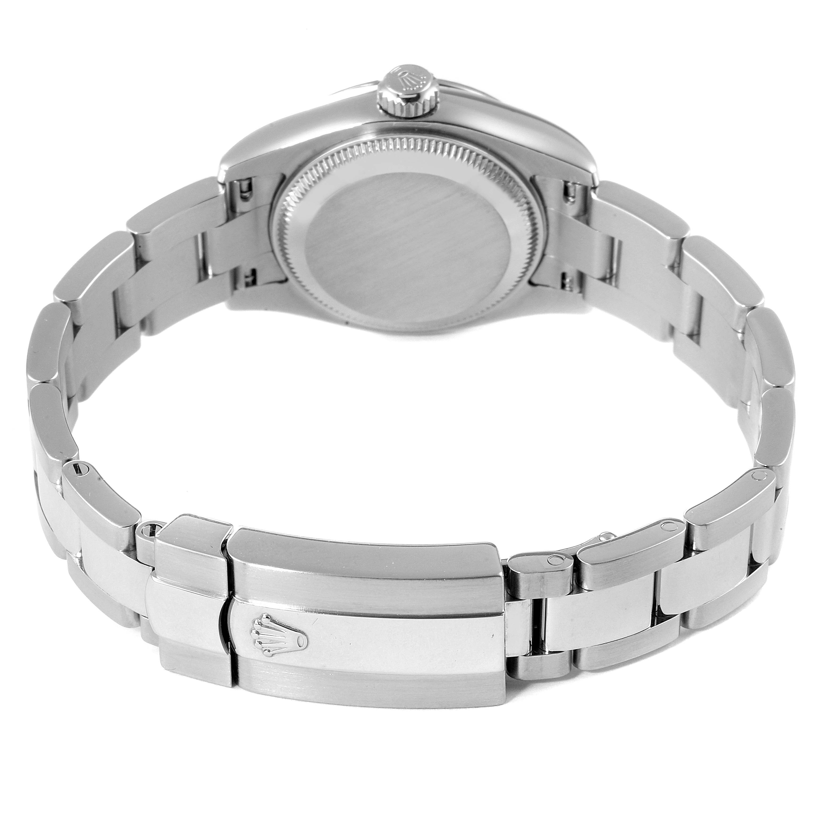 The image shows the back of a Rolex Datejust 179174 Women
s Stainless Steel Mother of Pearl Dial 179174 Women
s Stainless Steel Mother of Pearl Dial watch, focusing on the case back, bracelet, and clasp.