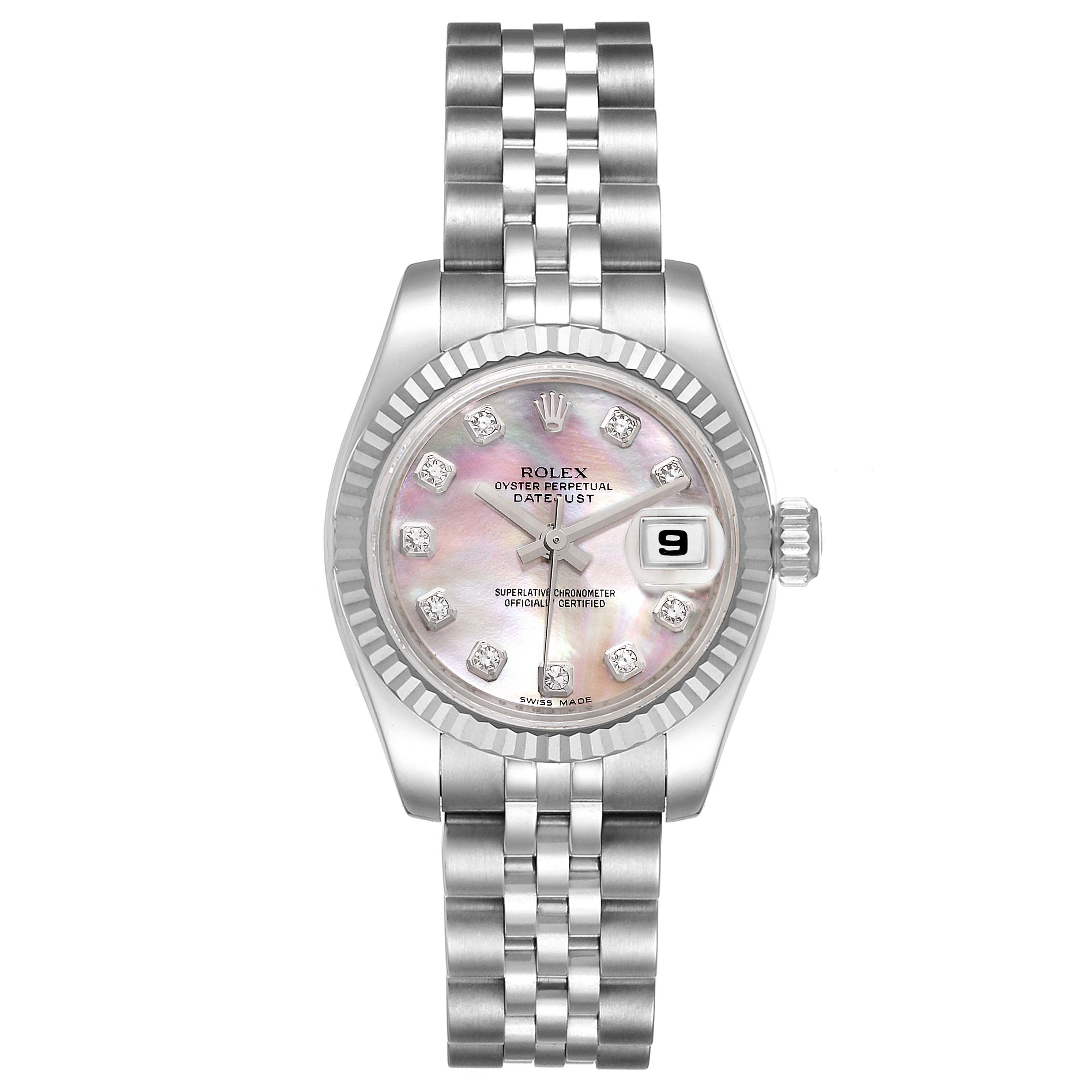 This is a Rolex Datejust 179174 Women
s Stainless Steel Mother of Pearl Dial 179174 Women
s Stainless Steel Mother of Pearl Dial watch, shown from a top-down angle, displaying the face, bezel, and bracelet.