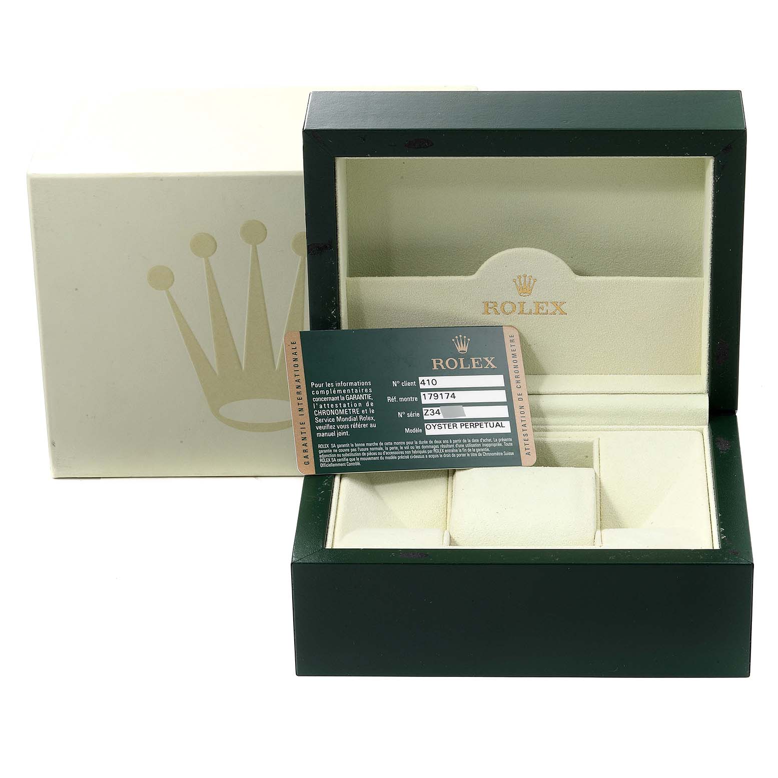 The image shows a Rolex Datejust 179174 Women
s Stainless Steel Mother of Pearl Dial 179174 Women
s Stainless Steel Mother of Pearl Dial watch box with an open lid, containing a service card inside.