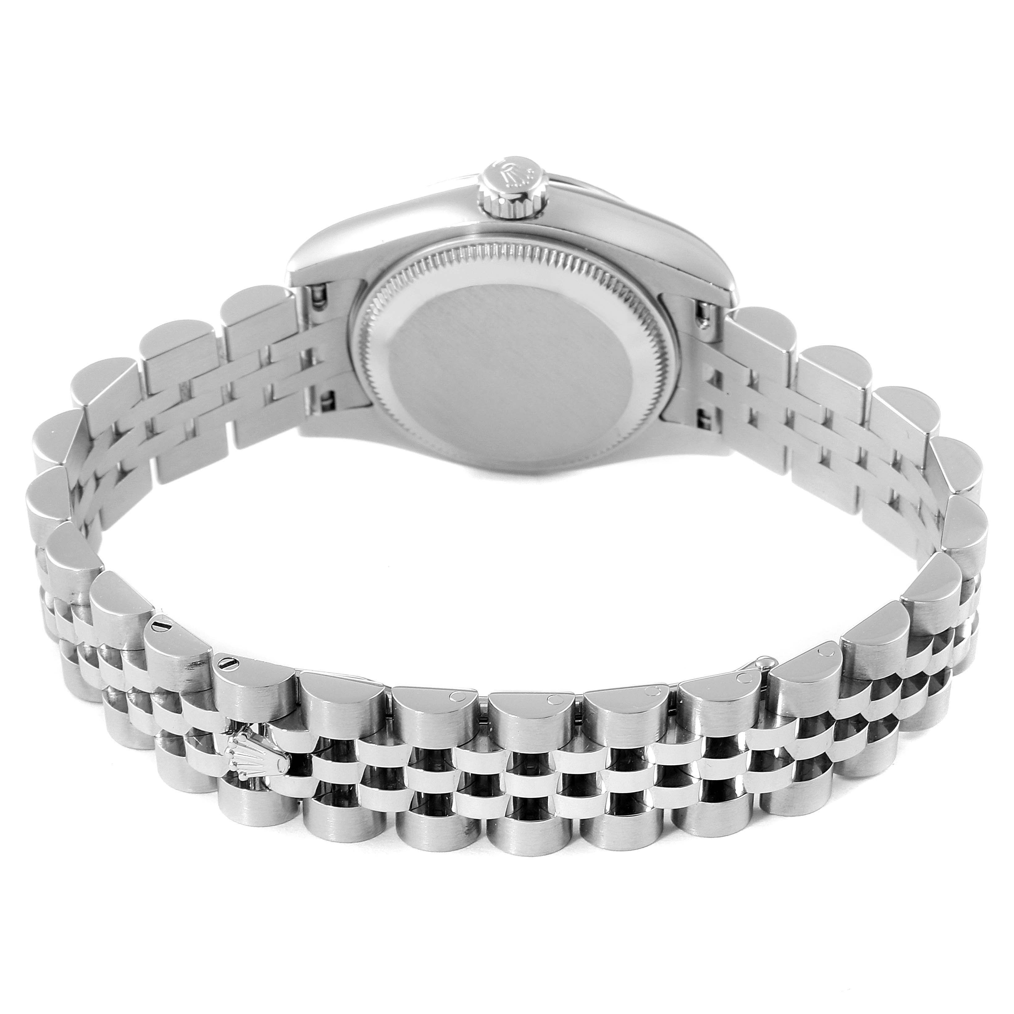 The image shows the back view of a Rolex Datejust 179174 Women
s Stainless Steel Mother of Pearl Dial 179174 Women
s Stainless Steel Mother of Pearl Dial
s case and Jubilee bracelet.