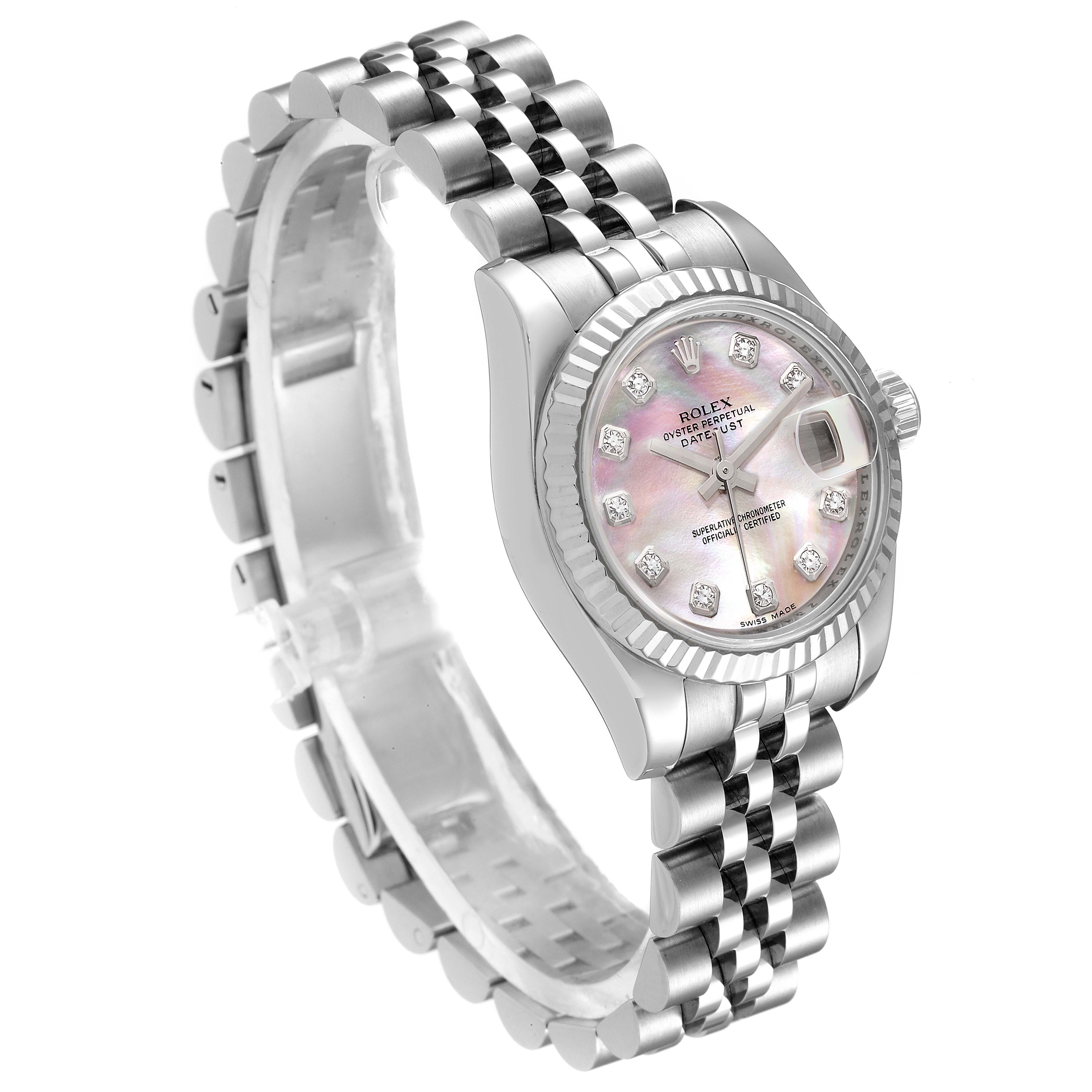 This is a Rolex Datejust 179174 Women
s Stainless Steel Mother of Pearl Dial 179174 Women
s Stainless Steel Mother of Pearl Dial watch shown at a three-quarter angle with a focus on the dial and the Jubilee bracelet.