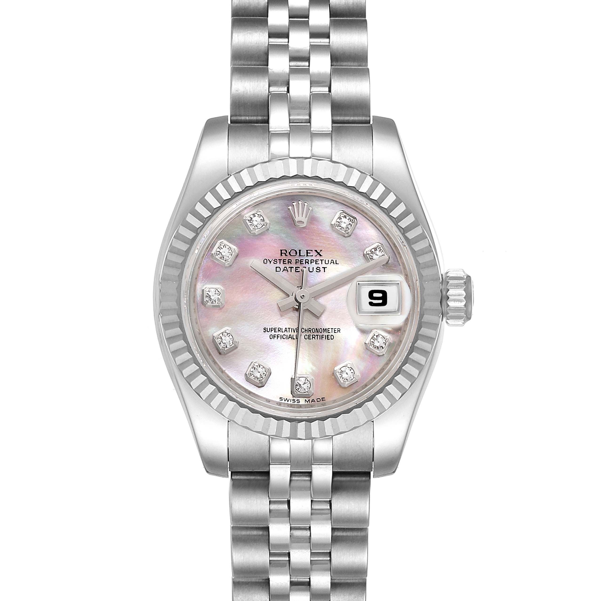 This image shows a front view of the Rolex Datejust 179174 Women
s Stainless Steel Mother of Pearl Dial 179174 Women
s Stainless Steel Mother of Pearl Dial watch, highlighting its dial, bracelet, and date feature.