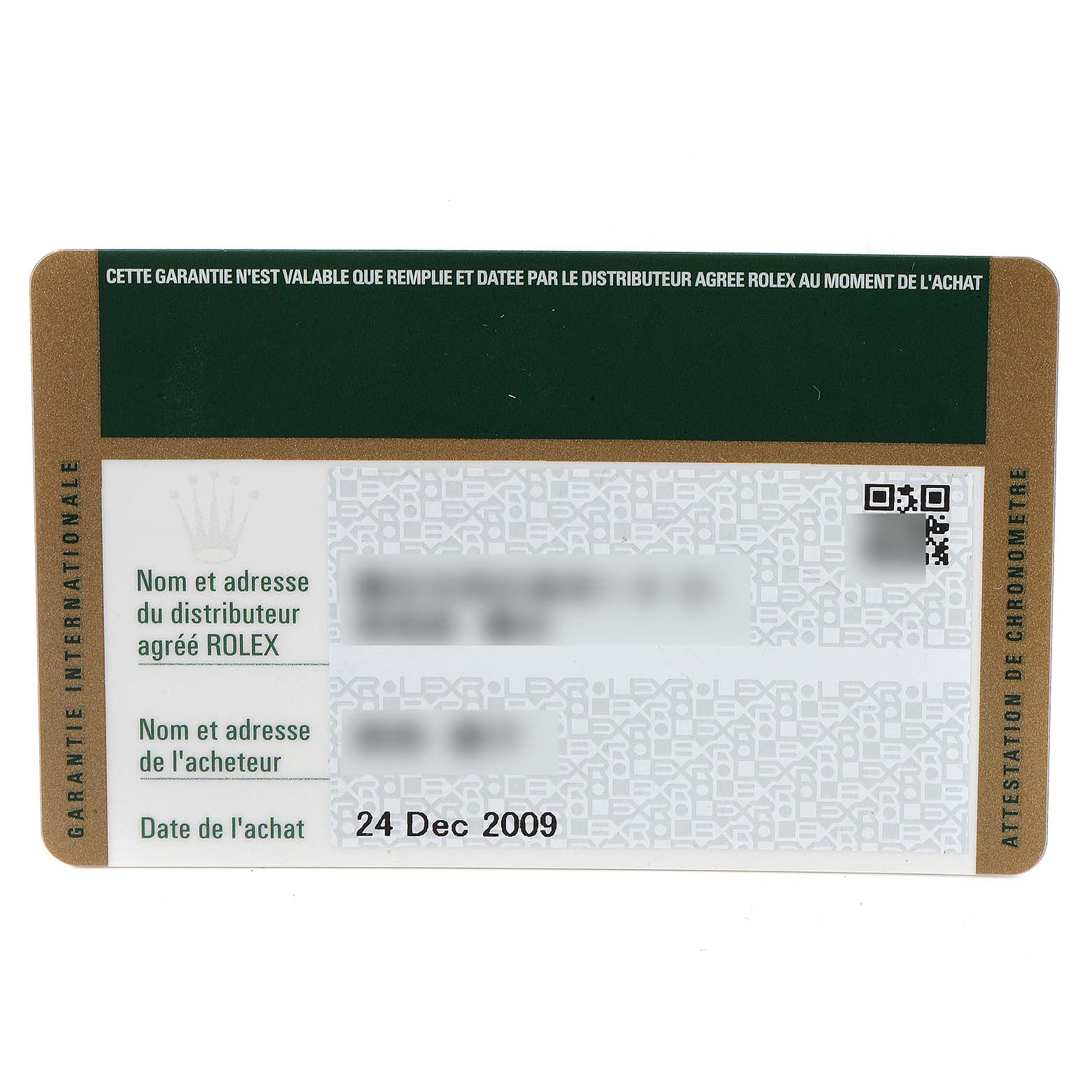 The image shows the warranty card for a Rolex Datejust 179174 Women
s Stainless Steel Mother of Pearl Dial 179174 Women
s Stainless Steel Mother of Pearl Dial watch, displaying purchase information and a QR code.