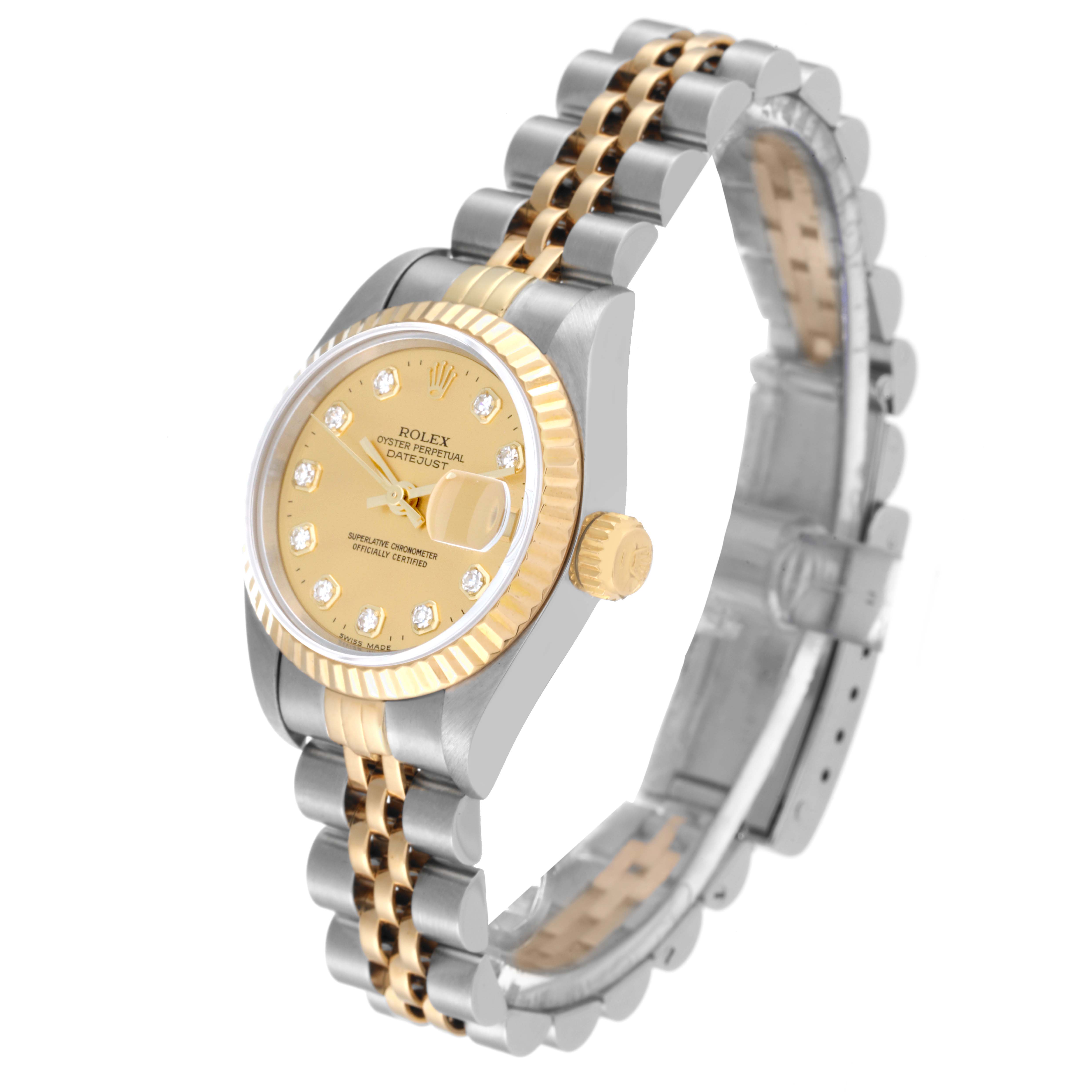 The image shows a side/front angle of a Rolex Datejust 69173 Women's Steel and Gold (two tone) Champagne Dial 69173 Women's Steel and Gold (two tone) Champagne Dial watch, highlighting its two-tone bracelet and gold fluted bezel.
