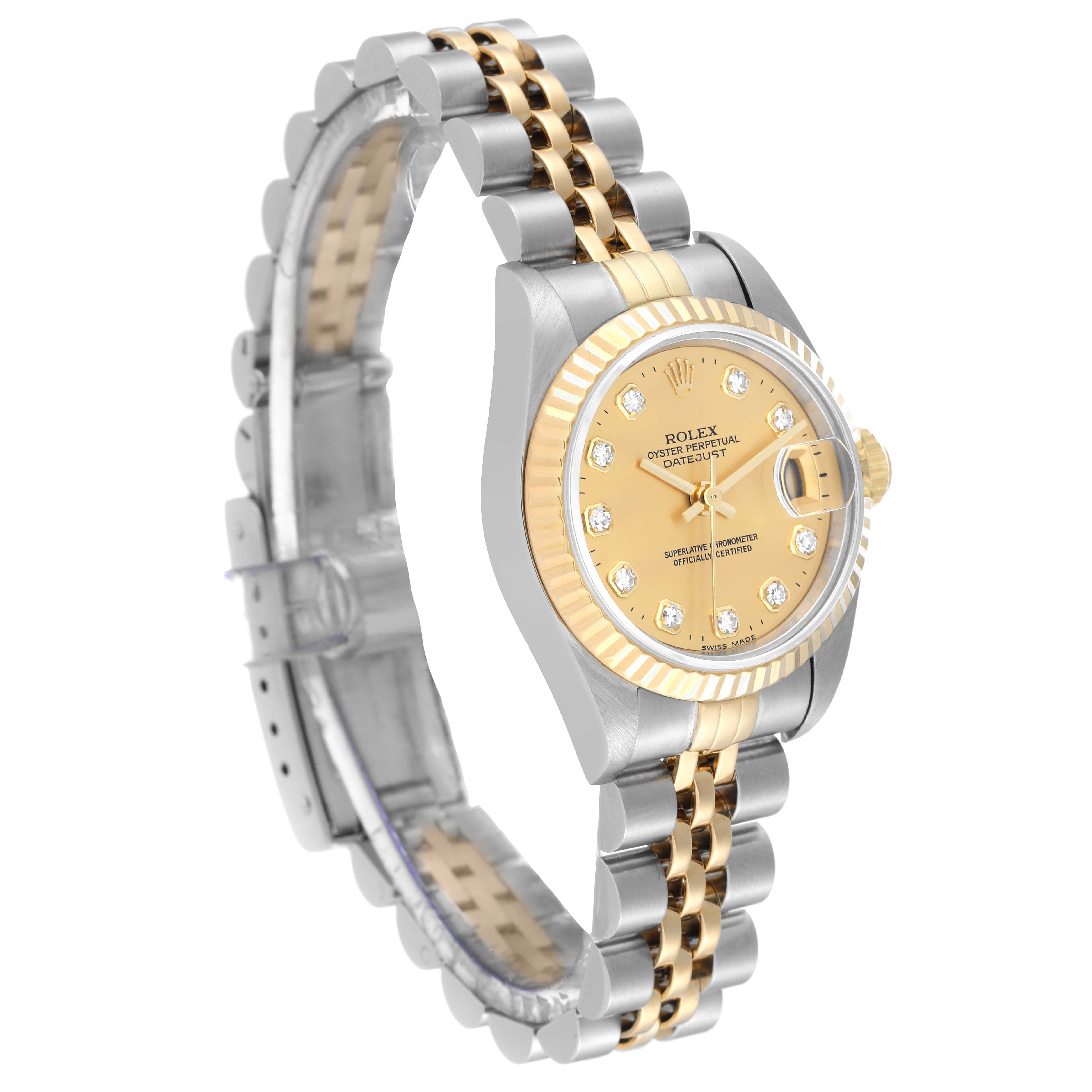 The Rolex Datejust 69173 Women's Steel and Gold (two tone) Champagne Dial 69173 Women's Steel and Gold (two tone) Champagne Dial watch is shown at a three-quarter angle, highlighting its gold and silver bracelet, dial, and fluted bezel.