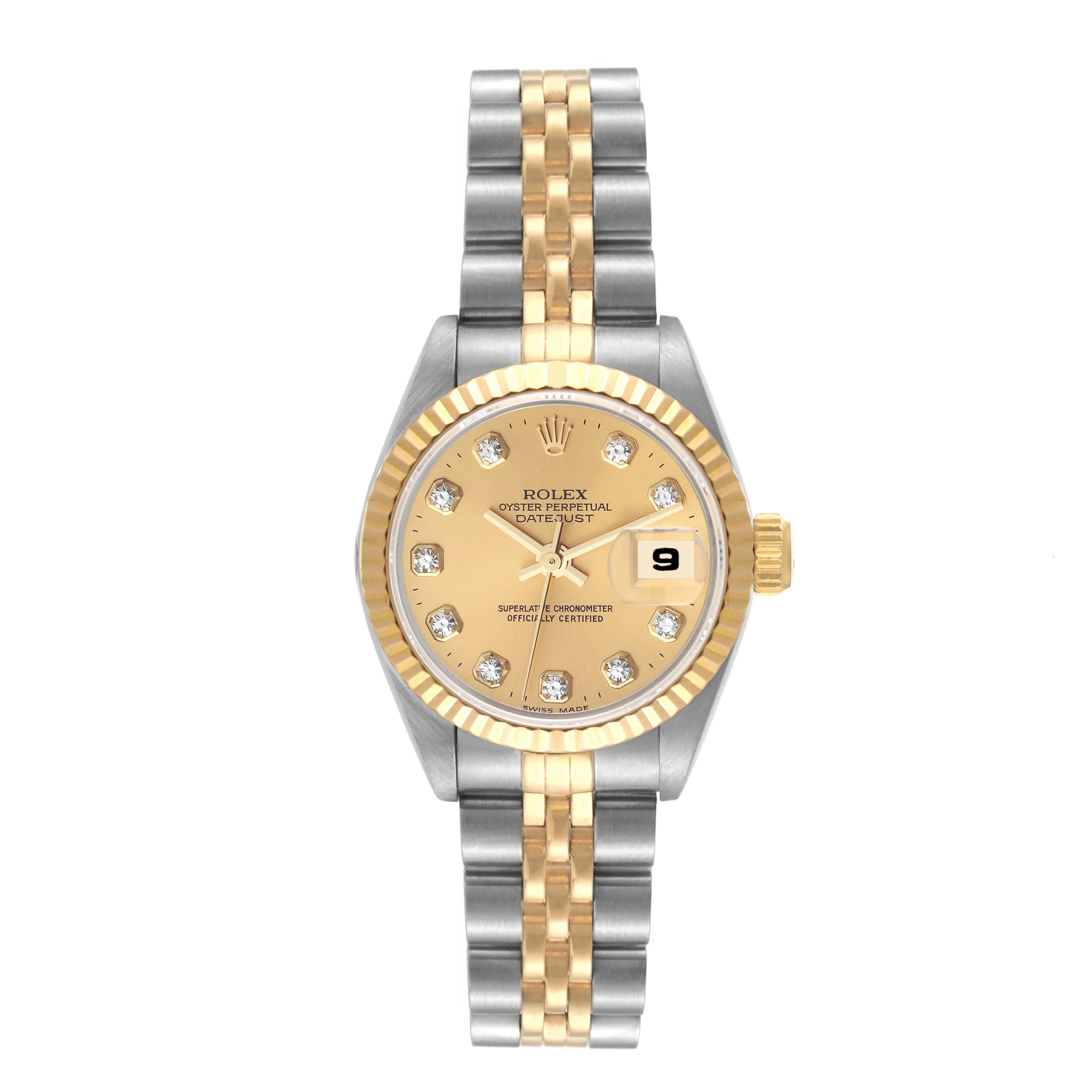 The image shows a front view of a Rolex Datejust 69173 Women's Steel and Gold (two tone) Champagne Dial 69173 Women's Steel and Gold (two tone) Champagne Dial, featuring a two-tone band, gold fluted bezel, and date display at 3 o'clock.