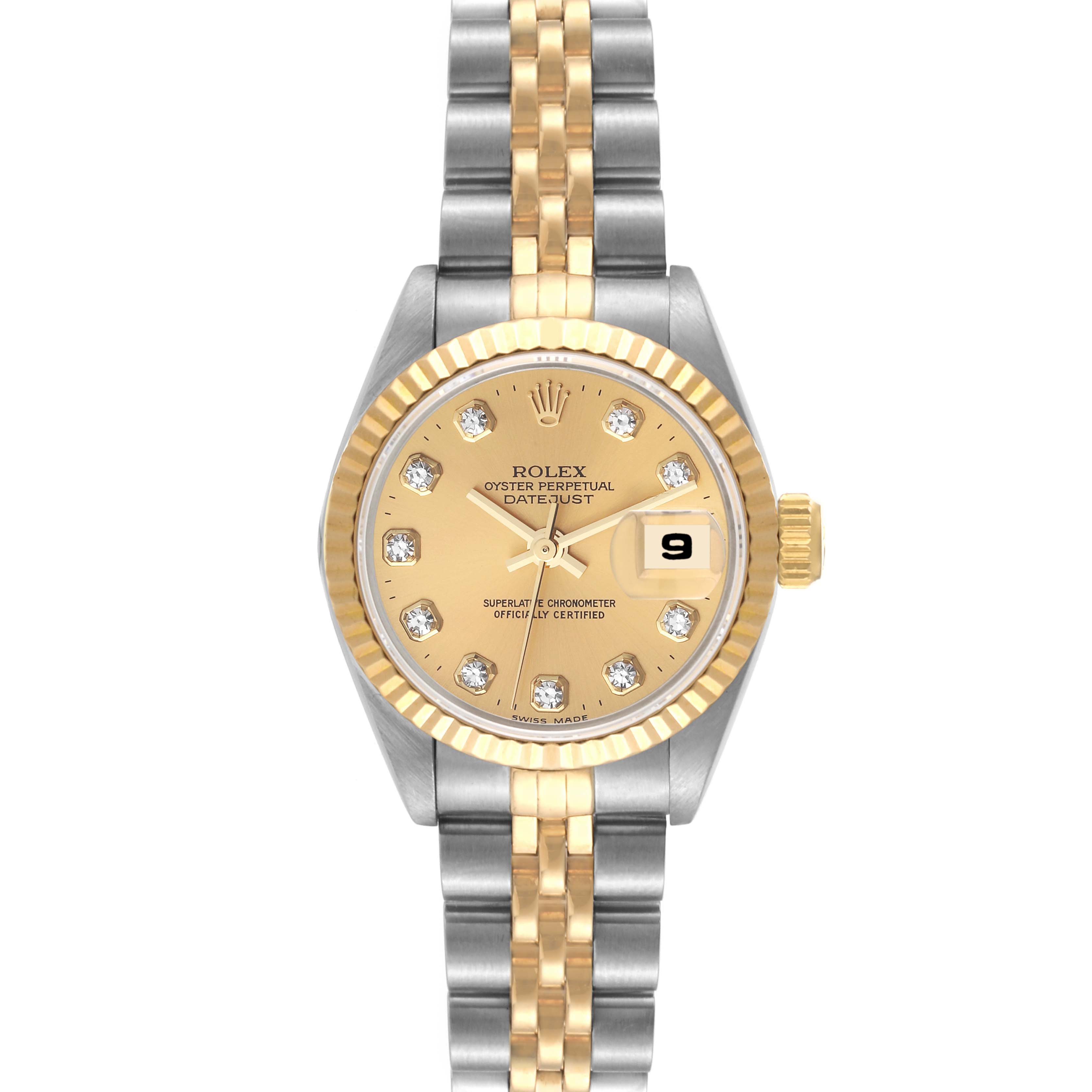 This Rolex Datejust 69173 Women's Steel and Gold (two tone) Champagne Dial 69173 Women's Steel and Gold (two tone) Champagne Dial watch is shown from a front-angle view displaying its dial, bezel, and bracelet.