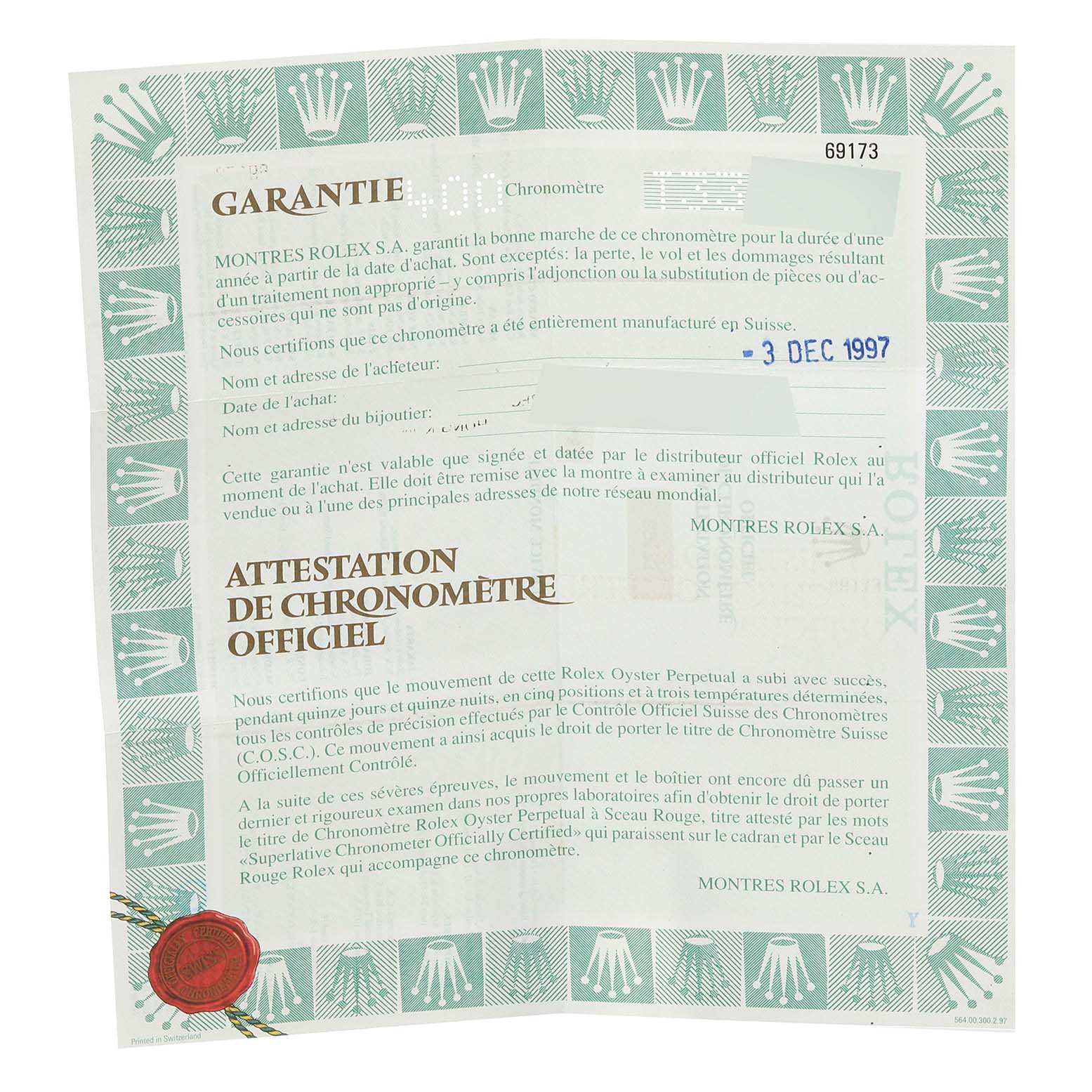 The image shows a warranty and chronometer certification document for a Rolex Datejust 69173 Women's Steel and Gold (two tone) Champagne Dial 69173 Women's Steel and Gold (two tone) Champagne Dial model, dated December 3, 1997.