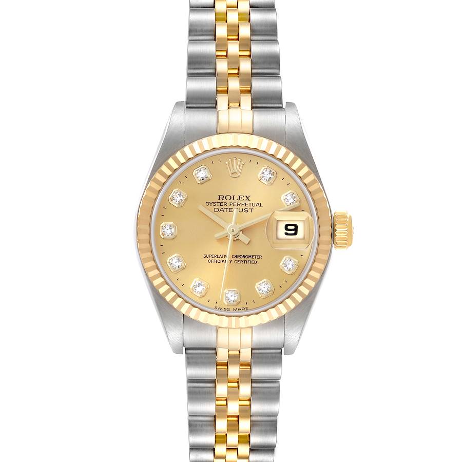 The Rolex Datejust watch is shown from the front, displaying its gold dial, date window, and two-tone bracelet.