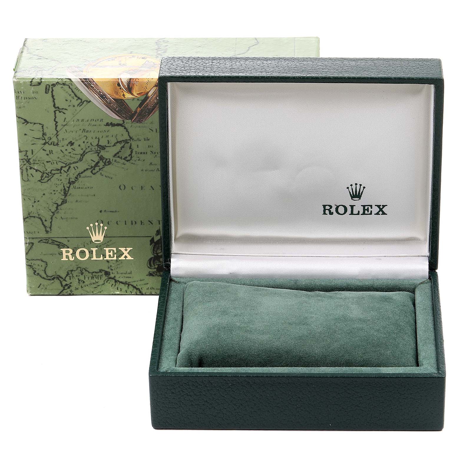 The image shows an open green Rolex Datejust 69173 Women's Steel and Gold (two tone) Champagne Dial 69173 Women's Steel and Gold (two tone) Champagne Dial watch box with the inner cushion and branded packaging.