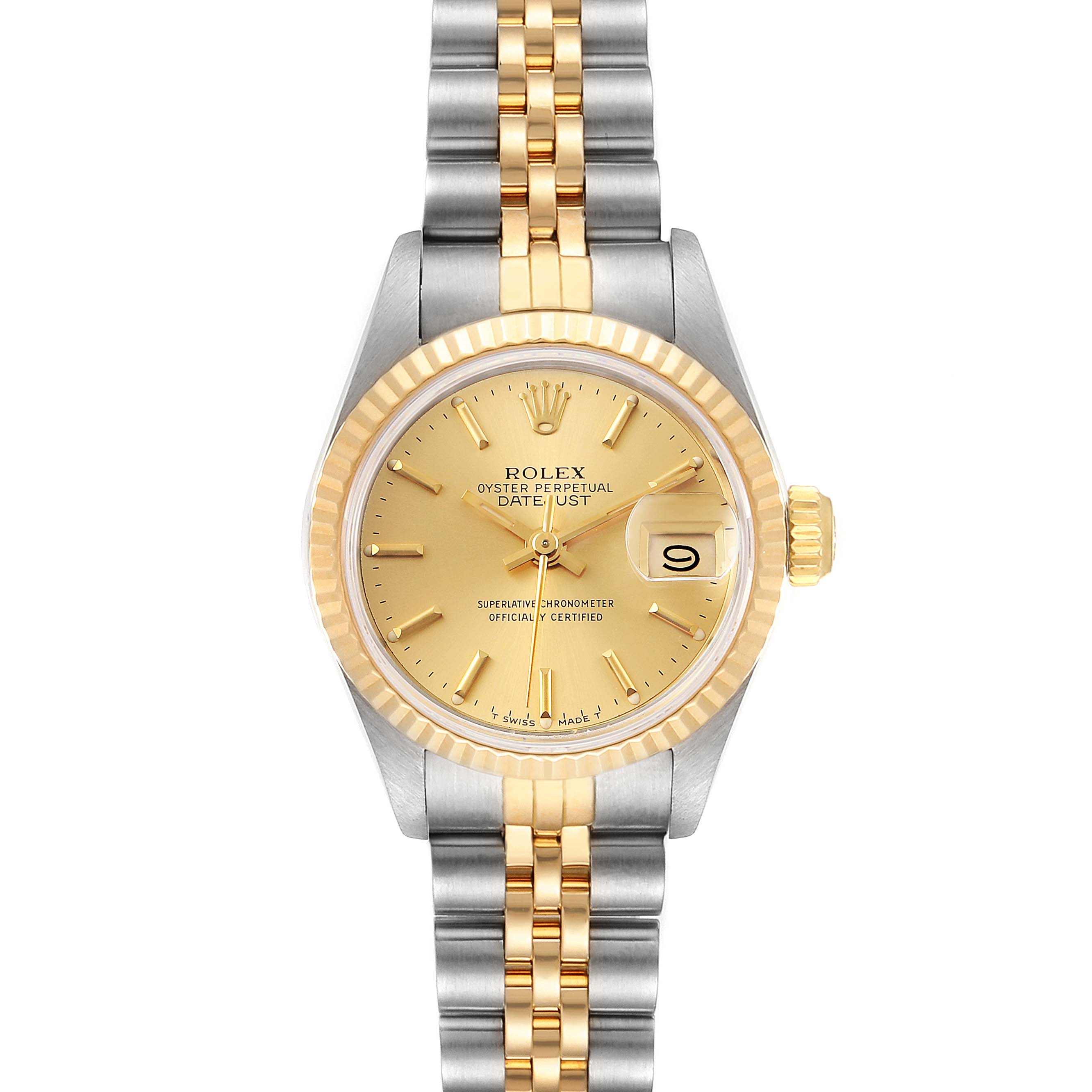 The Rolex Datejust 69173 Women's Steel and Gold (two tone) Champagne Dial 69173 Women's Steel and Gold (two tone) Champagne Dial watch is shown from the front, featuring its dial, bezel, crown, and bracelet.