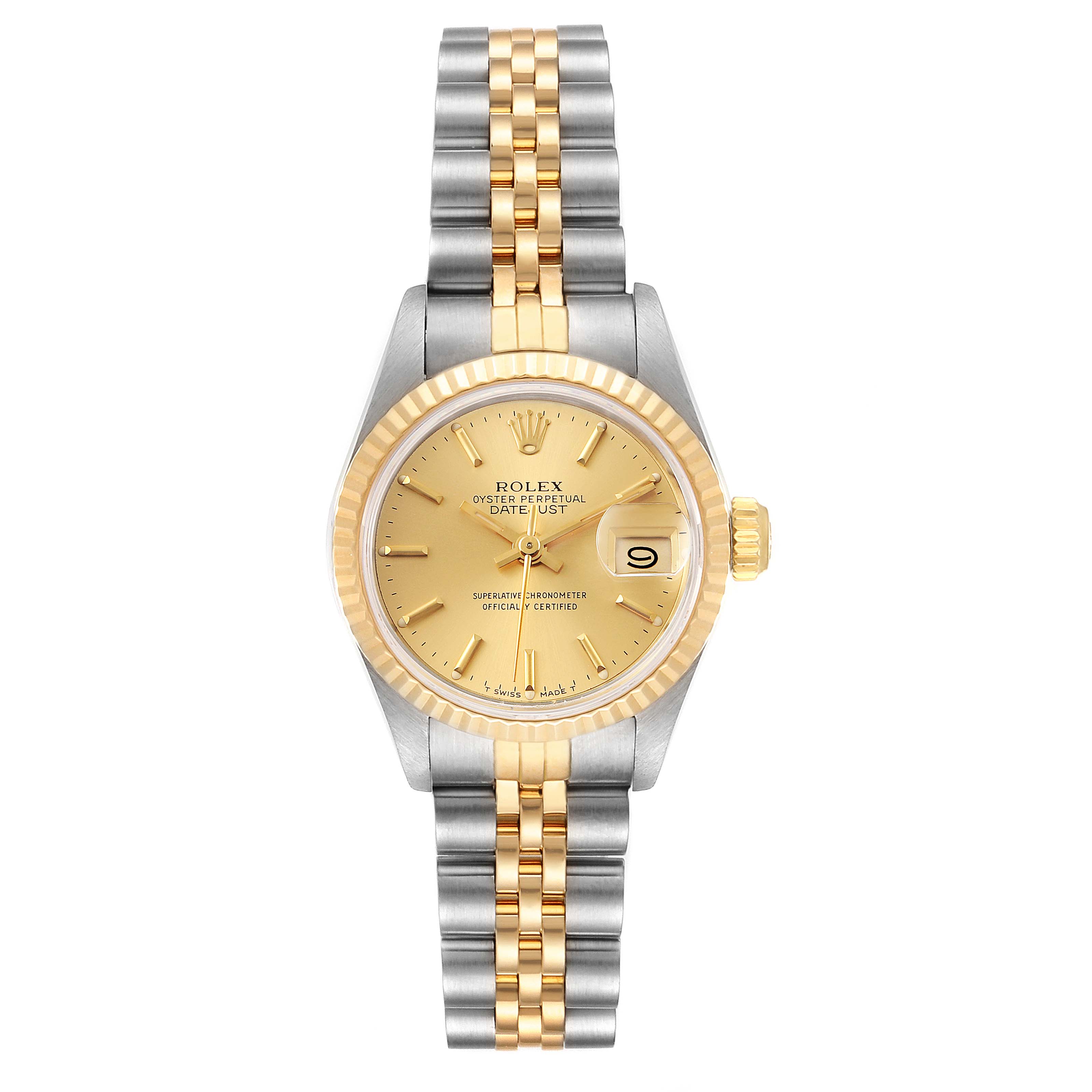 The image shows a front view of a Rolex Datejust 69173 Women's Steel and Gold (two tone) Champagne Dial 69173 Women's Steel and Gold (two tone) Champagne Dial watch, displaying the dial, bezel, crown, and bracelet.