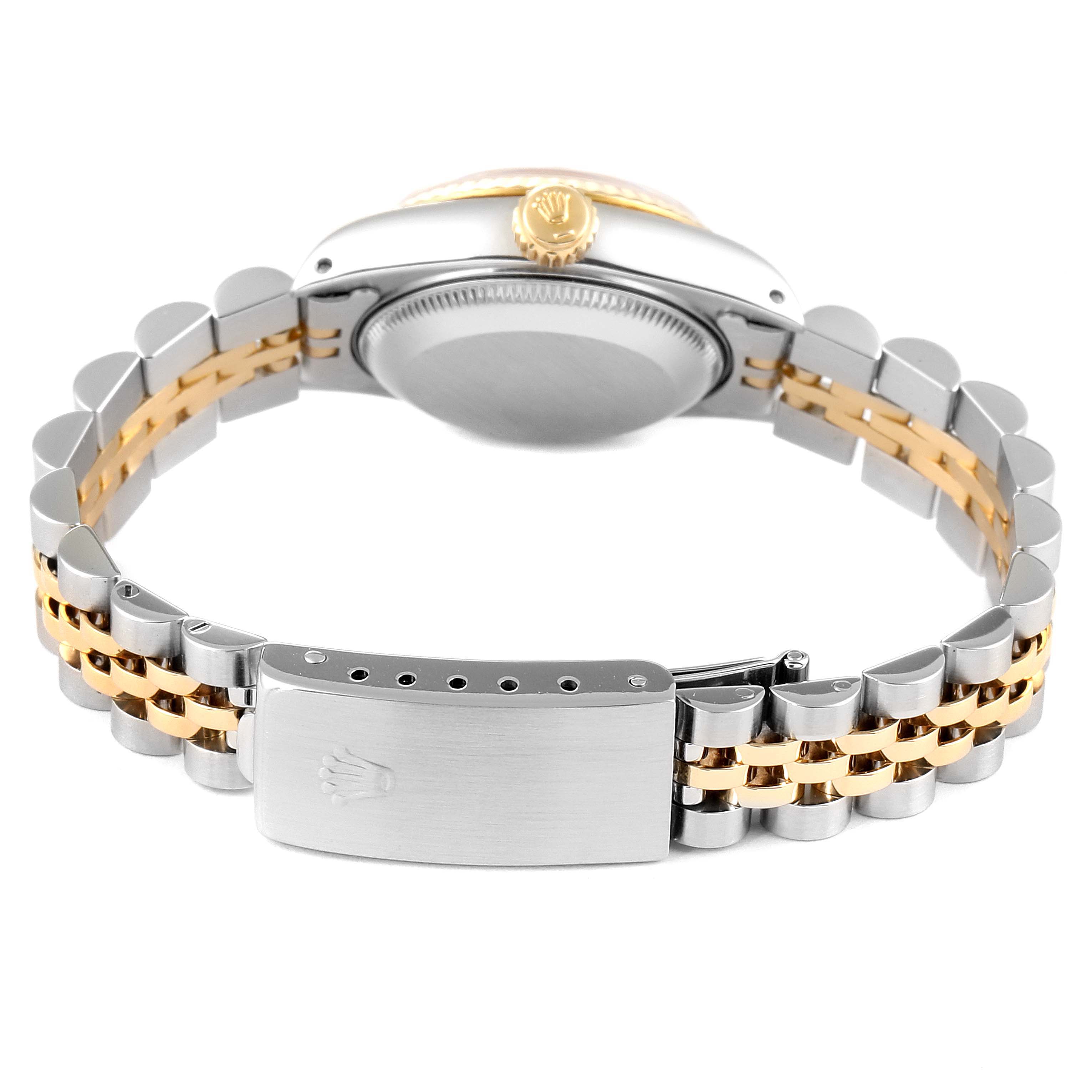 The image shows the back of the Rolex Datejust 69173 Women's Steel and Gold (two tone) Champagne Dial 69173 Women's Steel and Gold (two tone) Champagne Dial model, highlighting the clasp and bracelet links.