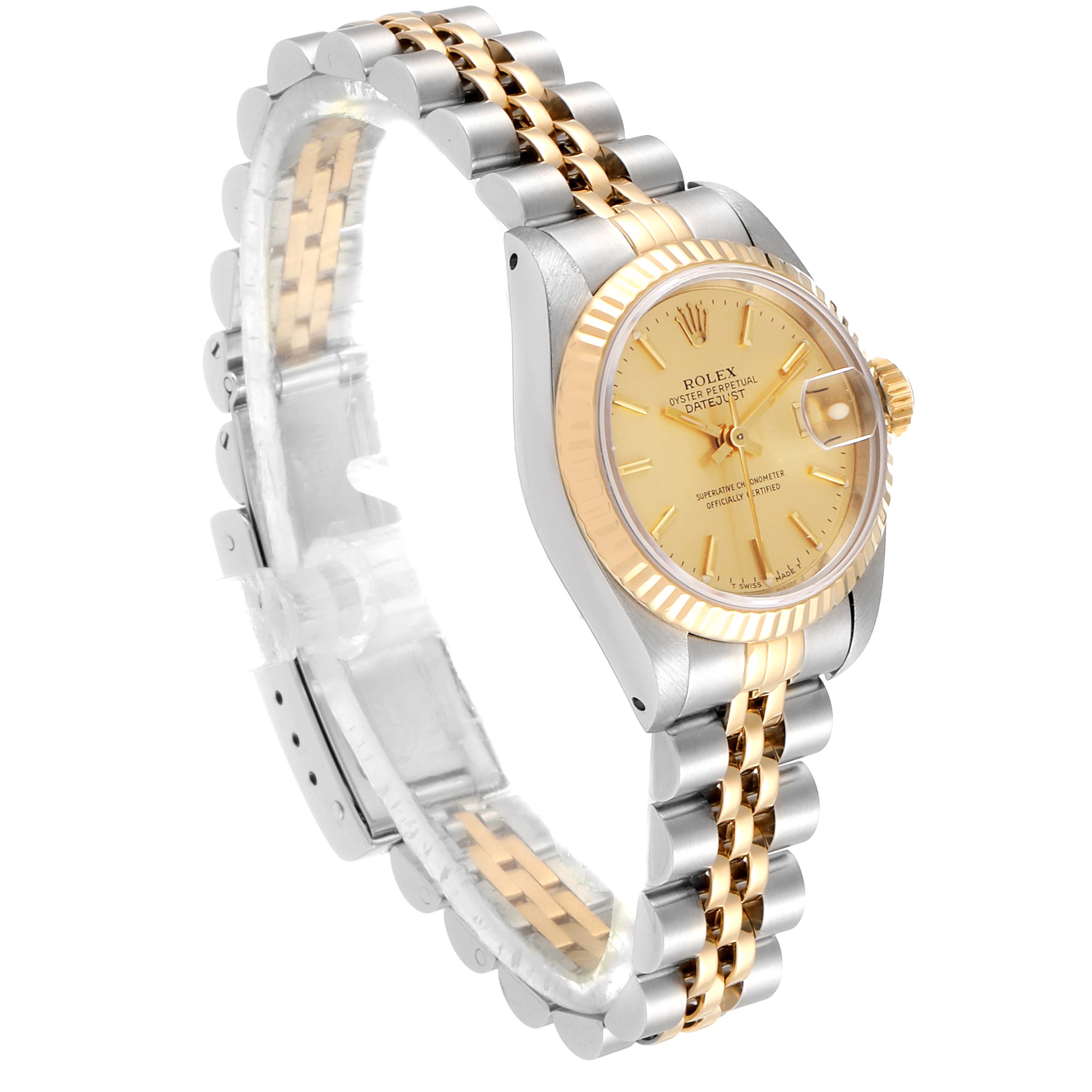 This image displays a side view of a Rolex Datejust 69173 Women's Steel and Gold (two tone) Champagne Dial 69173 Women's Steel and Gold (two tone) Champagne Dial watch, highlighting the gold and silver bracelet, and the champagne dial.
