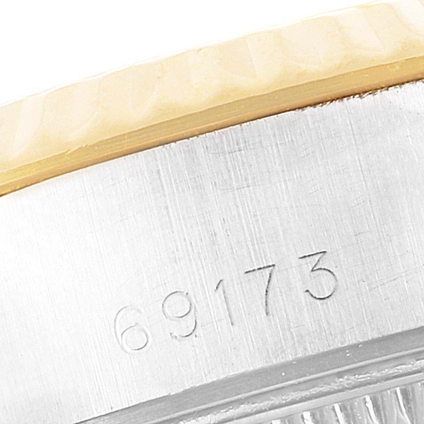This close-up shows the model number "69173" on the case side of a Rolex Datejust 69173 Women's Steel and Gold (two tone) Champagne Dial 69173 Women's Steel and Gold (two tone) Champagne Dial watch.