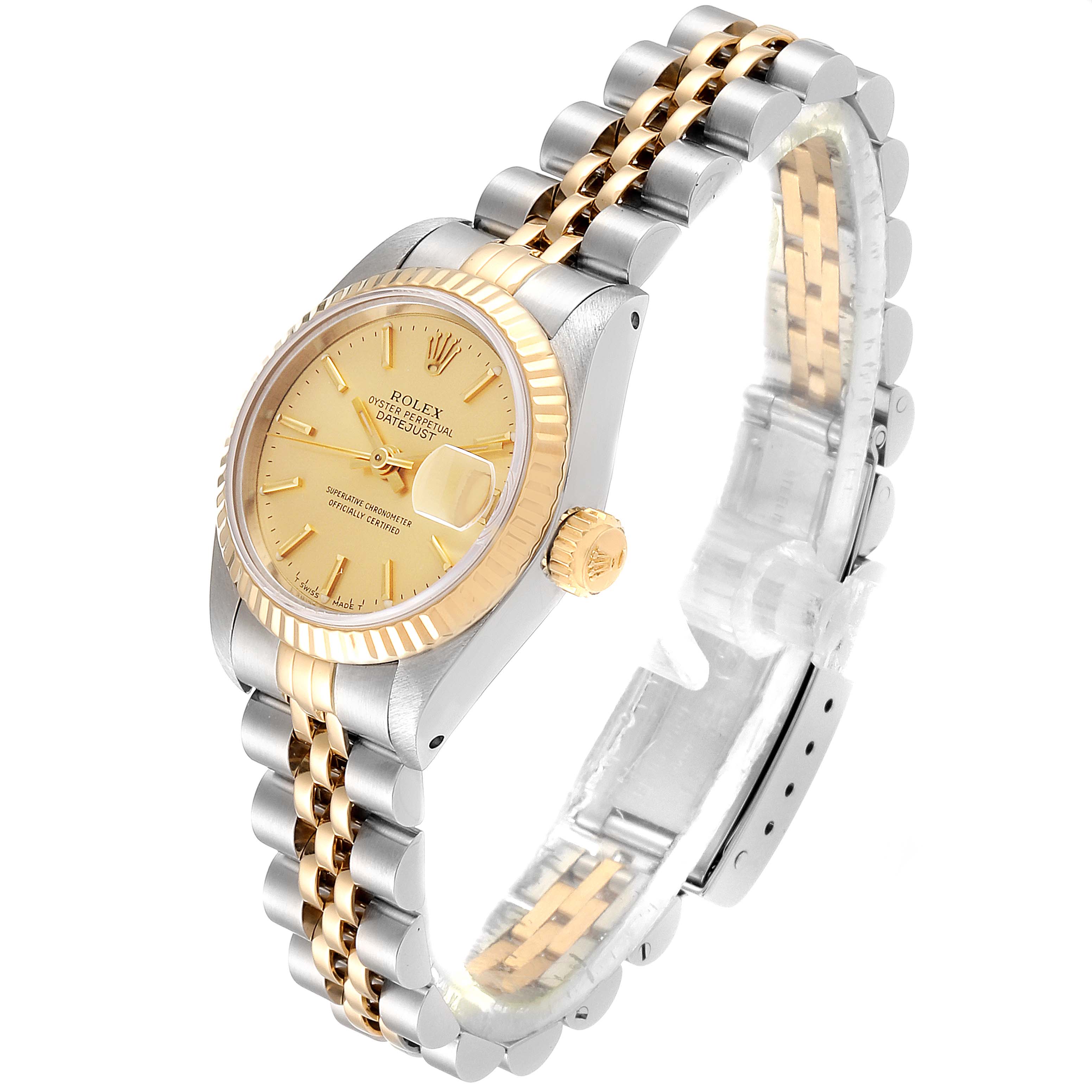 This image shows a Rolex Datejust 69173 Women's Steel and Gold (two tone) Champagne Dial 69173 Women's Steel and Gold (two tone) Champagne Dial watch at a slight three-quarter angle, highlighting the gold dial, bezel, and two-tone Jubilee bracelet.