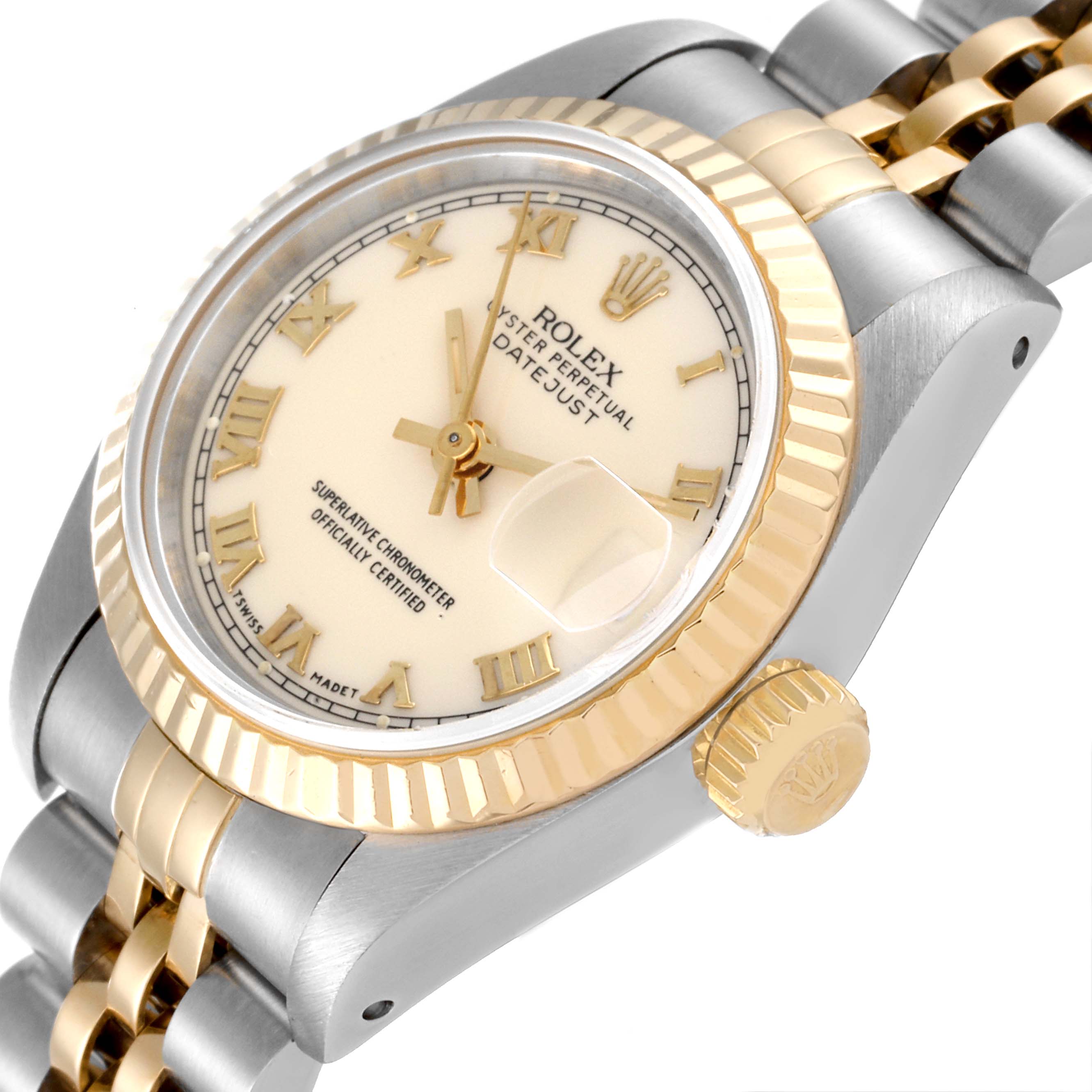 The image shows a close-up angle of the Rolex Datejust 69173 Women's Steel and Gold (two tone) Beige Dial 69173 Women's Steel and Gold (two tone) Beige Dial watch, highlighting its dial, bezel, and part of the bracelet.