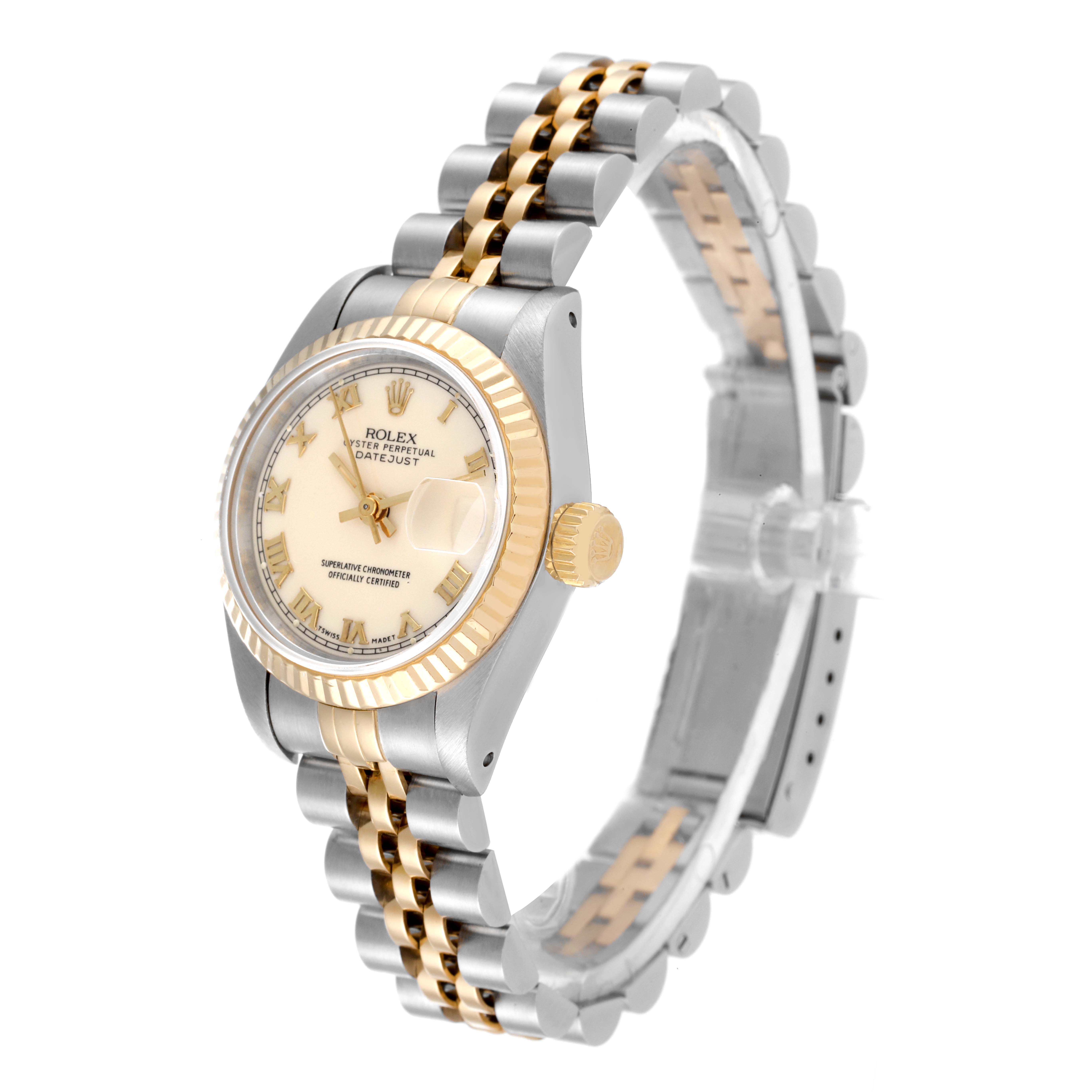 The Rolex Datejust 69173 Women's Steel and Gold (two tone) Beige Dial 69173 Women's Steel and Gold (two tone) Beige Dial watch is shown at a three-quarter angle displaying the face, bezel, crown, and part of the two-tone bracelet.