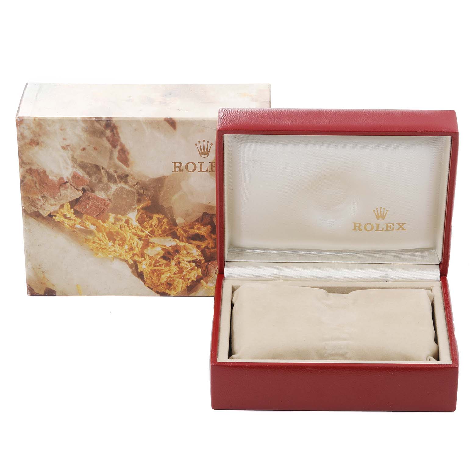 This image shows a Rolex Datejust 69173 Women's Steel and Gold (two tone) Beige Dial 69173 Women's Steel and Gold (two tone) Beige Dial watch box and packaging at a front angle with the box open, revealing a cushion inside.