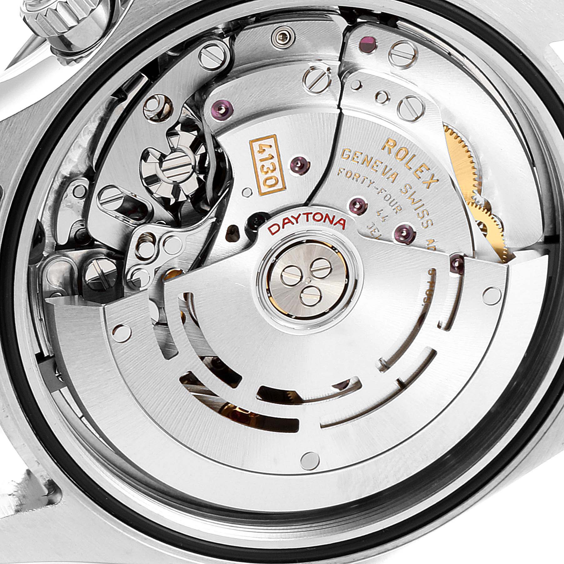 The image shows a close-up view of the movement mechanism inside a Rolex Daytona 116500 Men's Stainless Steel White Dial 116500 Men's Stainless Steel White Dial watch.