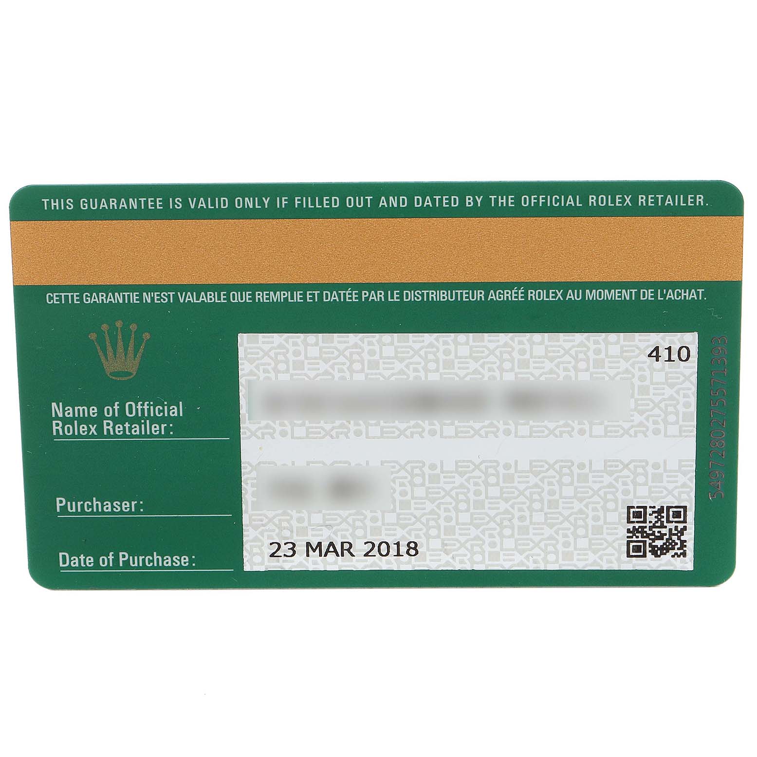 This image shows a guarantee card for the Rolex Daytona 116500 Men's Stainless Steel White Dial 116500 Men's Stainless Steel White Dial watch model.