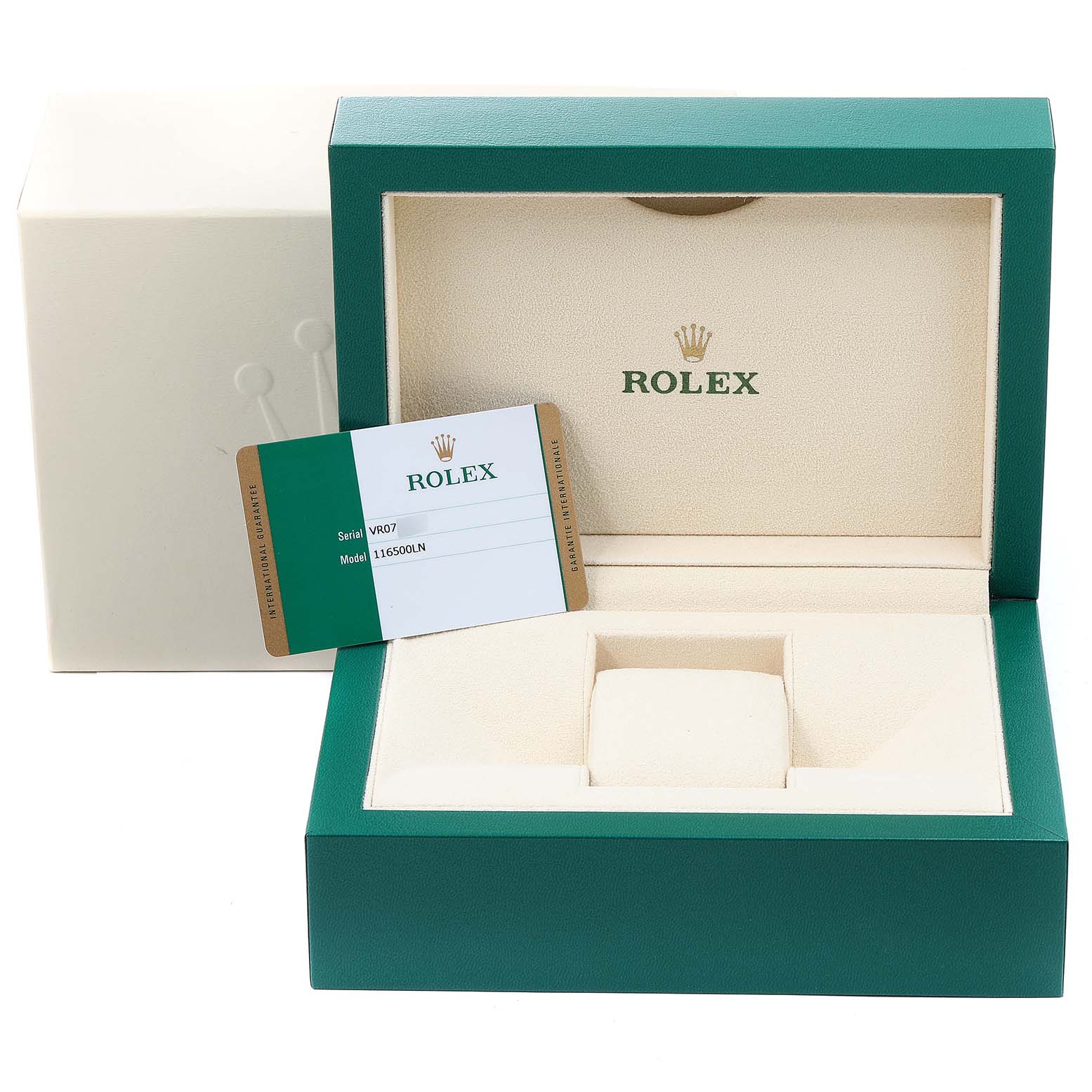 The image shows an open Rolex box for the Daytona model, displaying the interior along with a serial and model card.
