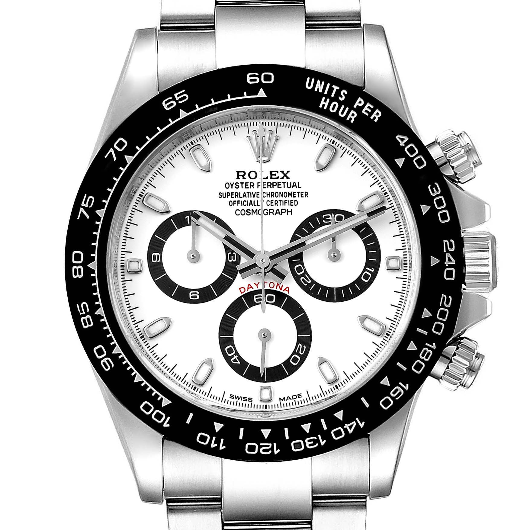 The image shows a front view of a Rolex Daytona 116500 Men's Stainless Steel White Dial 116500 Men's Stainless Steel White Dial watch, highlighting its dial, bezel, and chronograph subdials.