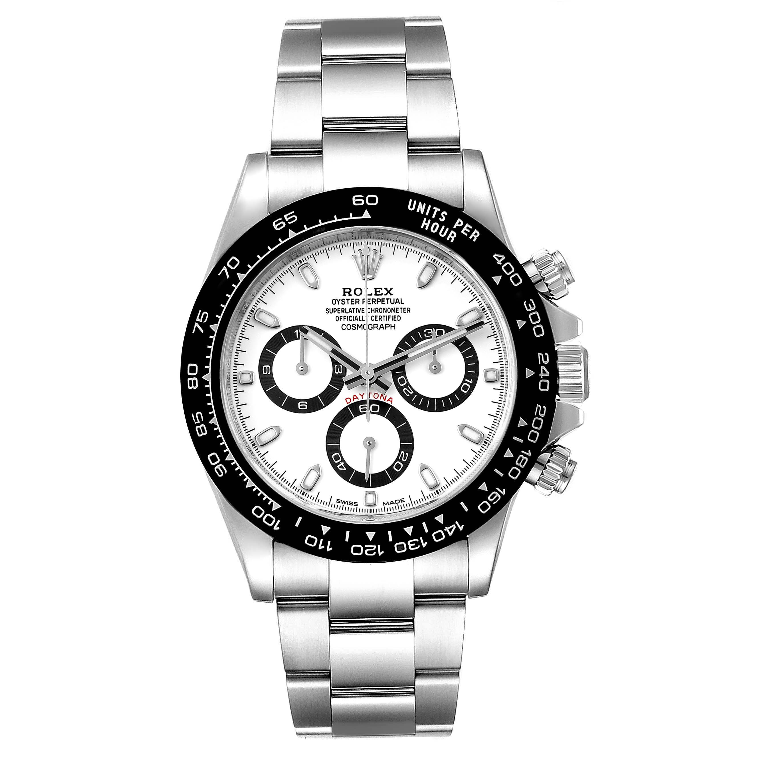 The image shows a frontal view of the Rolex Daytona 116500 Men's Stainless Steel White Dial 116500 Men's Stainless Steel White Dial watch, highlighting the dial, bezel, and bracelet.