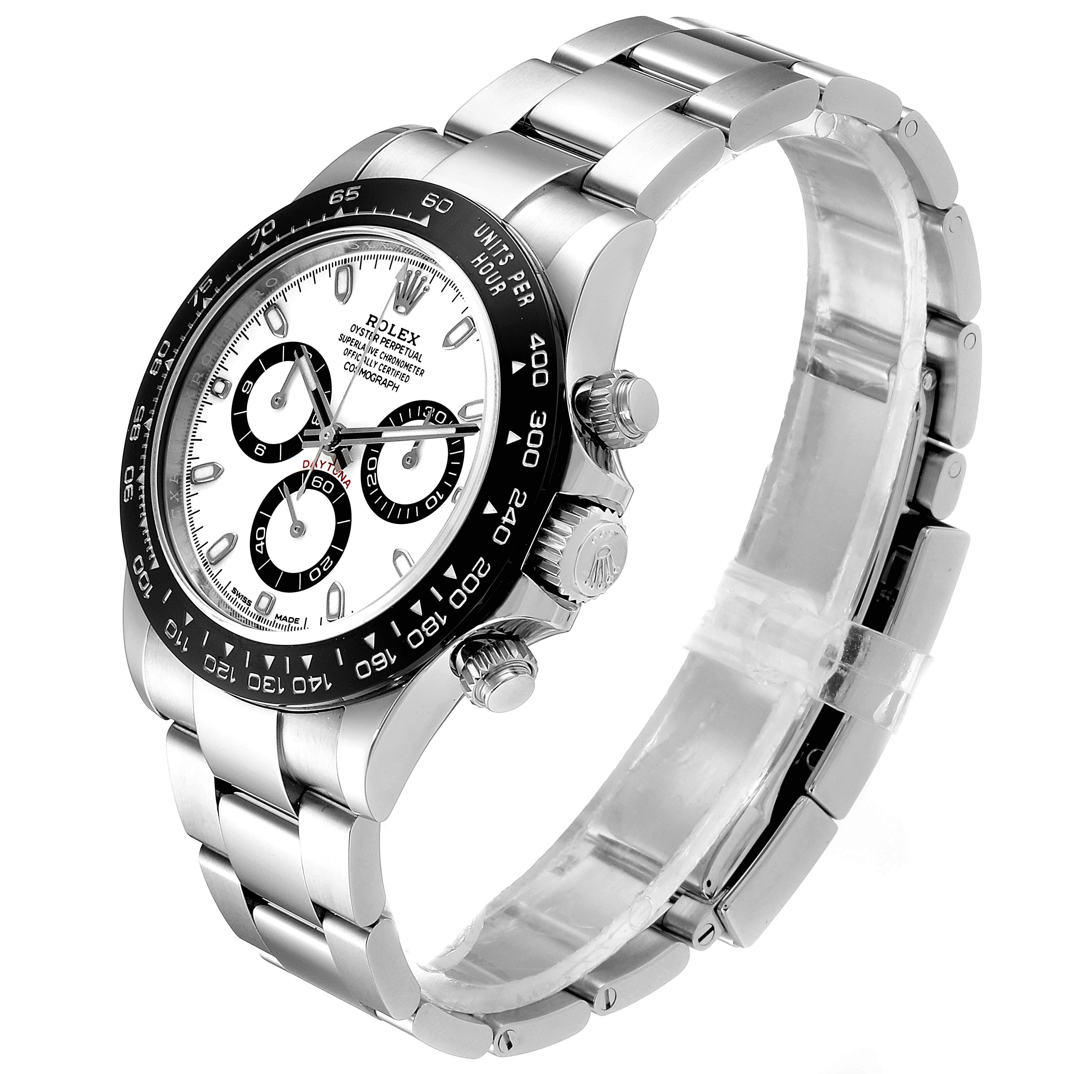 The image shows a Rolex Daytona 116500 Men's Stainless Steel White Dial 116500 Men's Stainless Steel White Dial watch at a side angle, highlighting its face, bezel, and bracelet.