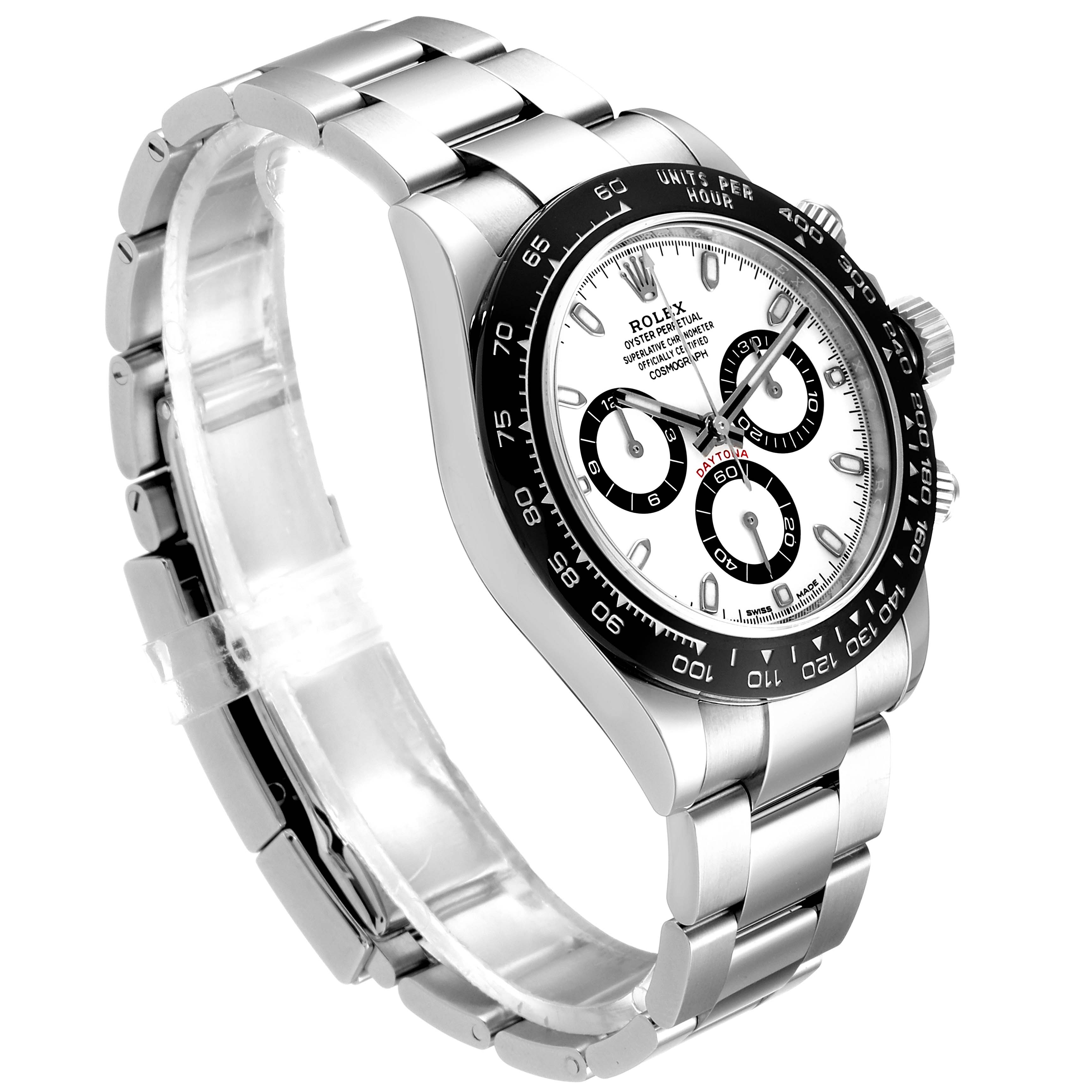 The image shows a Rolex Daytona 116500 Men's Stainless Steel White Dial 116500 Men's Stainless Steel White Dial watch at an angled view, highlighting the dial, bezel, and bracelet.