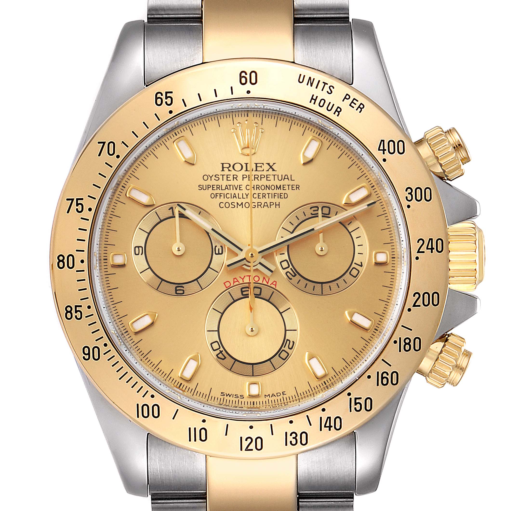 This image shows a front view of a Rolex Daytona 116523 Men's Steel and Gold (two tone) Champagne Dial 116523 Men's Steel and Gold (two tone) Champagne Dial watch, highlighting the dial, bezel, and part of the bracelet.